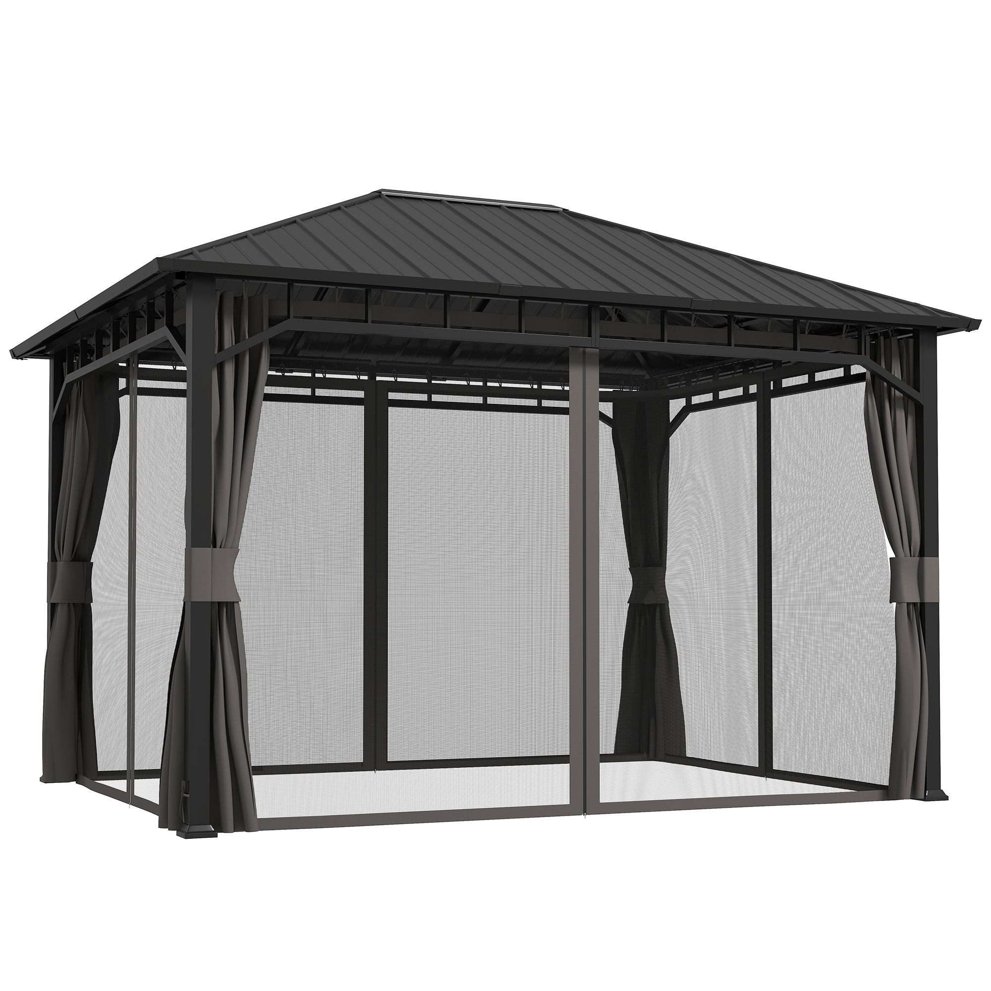 SUNVISTA 3x4m Hardtop Gazebo with Galvanised Steel Roof & Curtains, Waterproof Pavilion - Dark Grey - Life Essentials