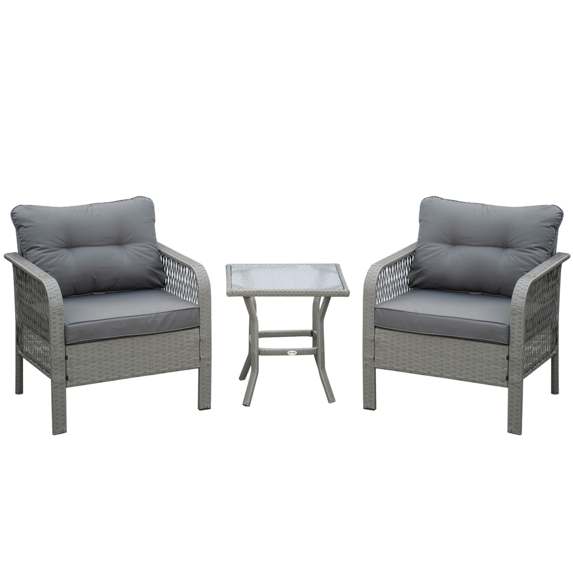 2 Seater Patio PE Rattan Bistro Set, Outdoor Wicker Coffee Table Armrest Chairs Conversation Furniture w/ Cushion, Grey - Life Essentials