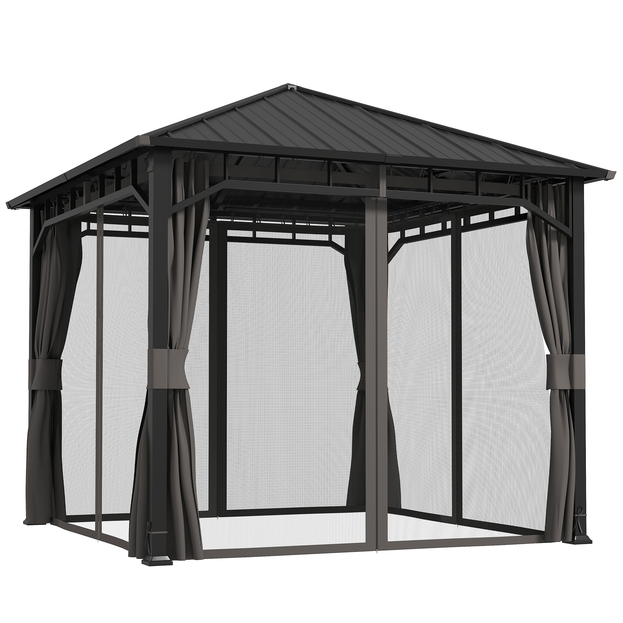 SUNVISTA 3x3m Hardtop Gazebo with Steel Roof, Curtains & Water Gutter, Permanent Pavilion - Dark Grey - Life Essentials