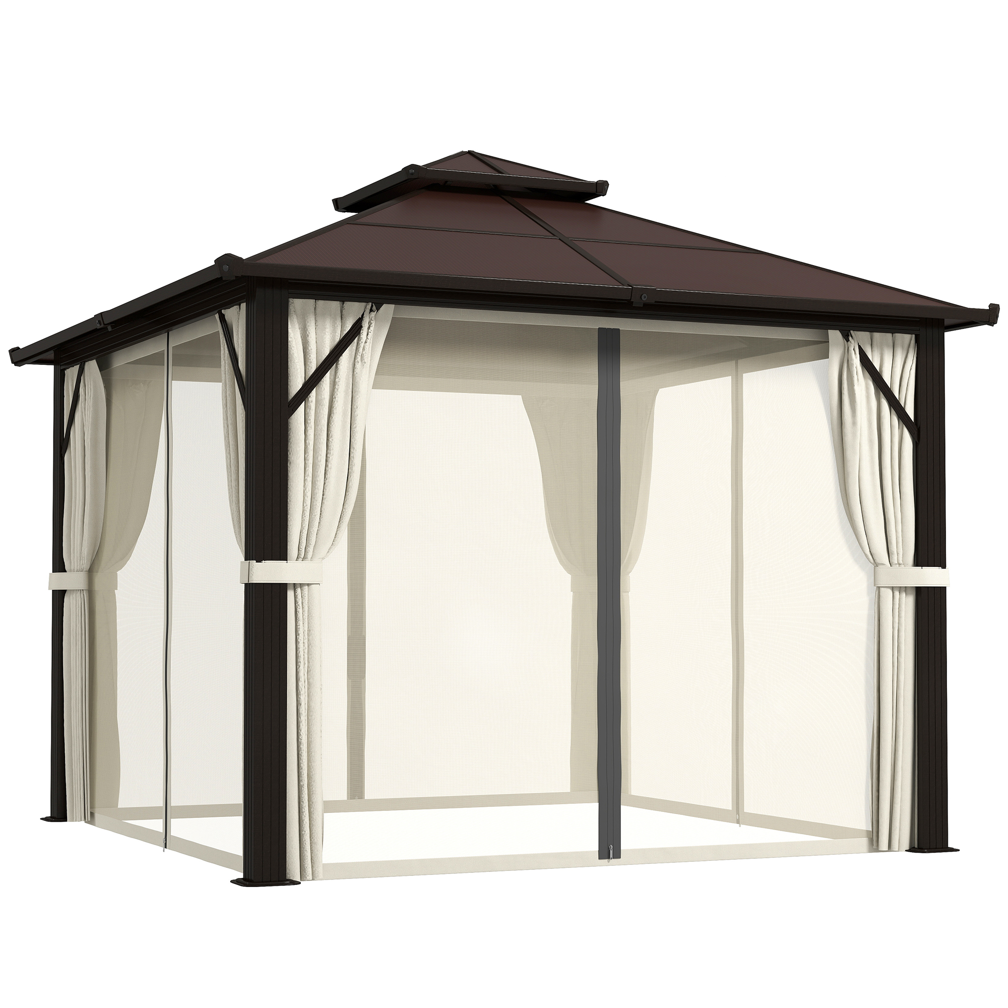 SUNVISTA 3x3m Hardtop Gazebo with UPF30+ Double Roof, Netting, Aluminium Frame & Curtains - Beige - Life Essentials