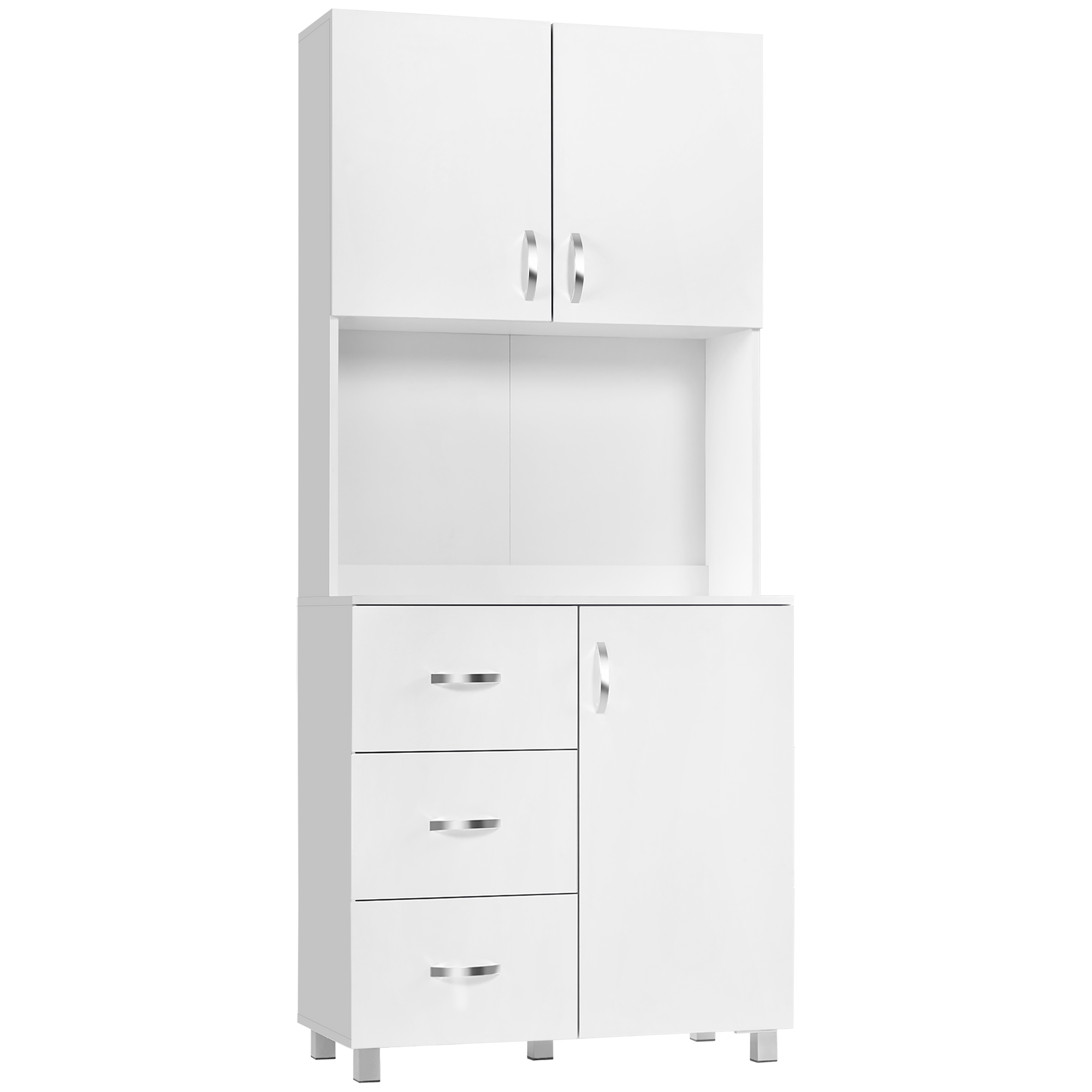 Free standing Kitchen Cabinet Cupboard with 2 cabinet, 3 drawers and 1 Open Space, Adjustable Height Storage Unit, White - Life Essentials