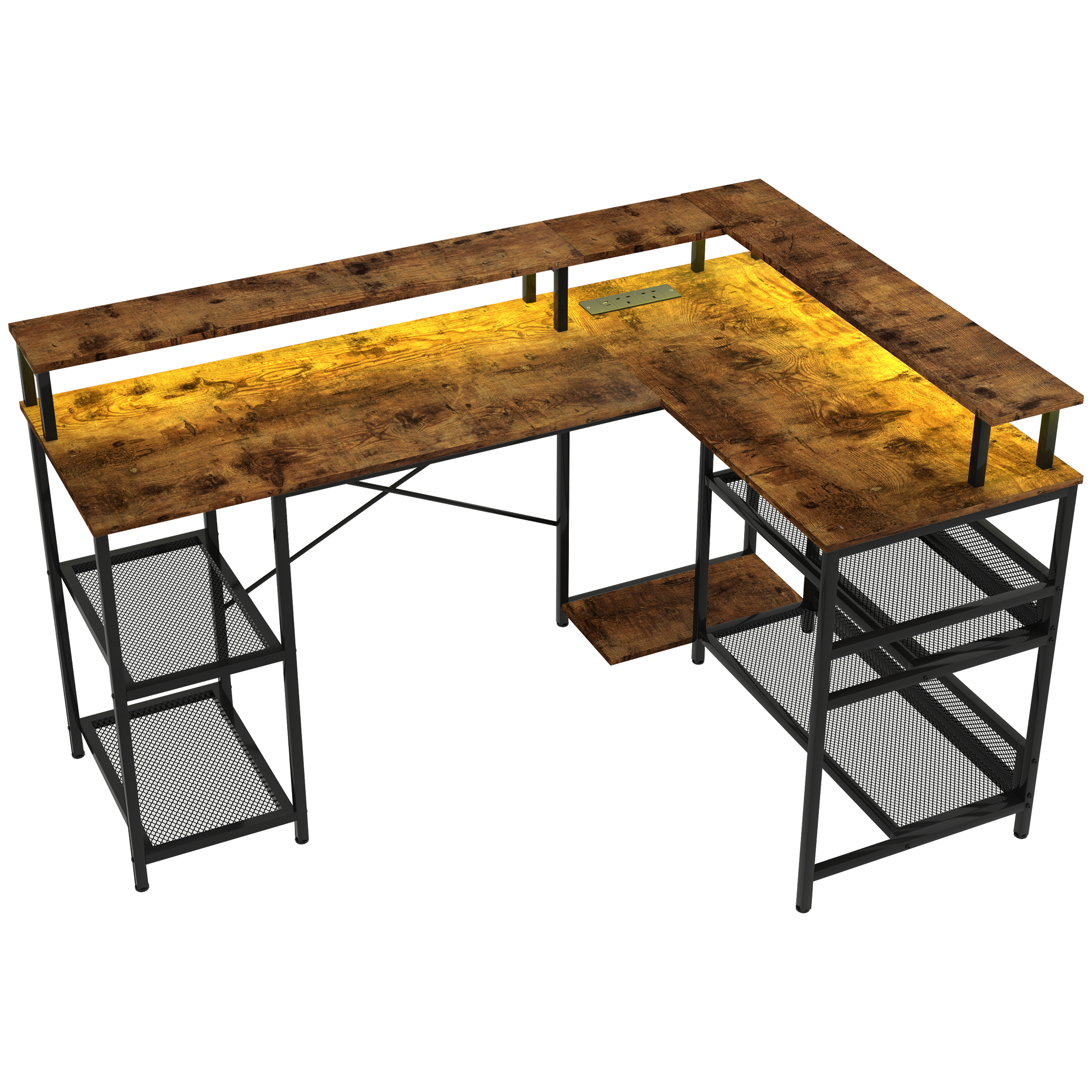 HERON L Shaped Gaming Desk with LED Lights and Power Outlets, Rustic Brown - Life Essentials
