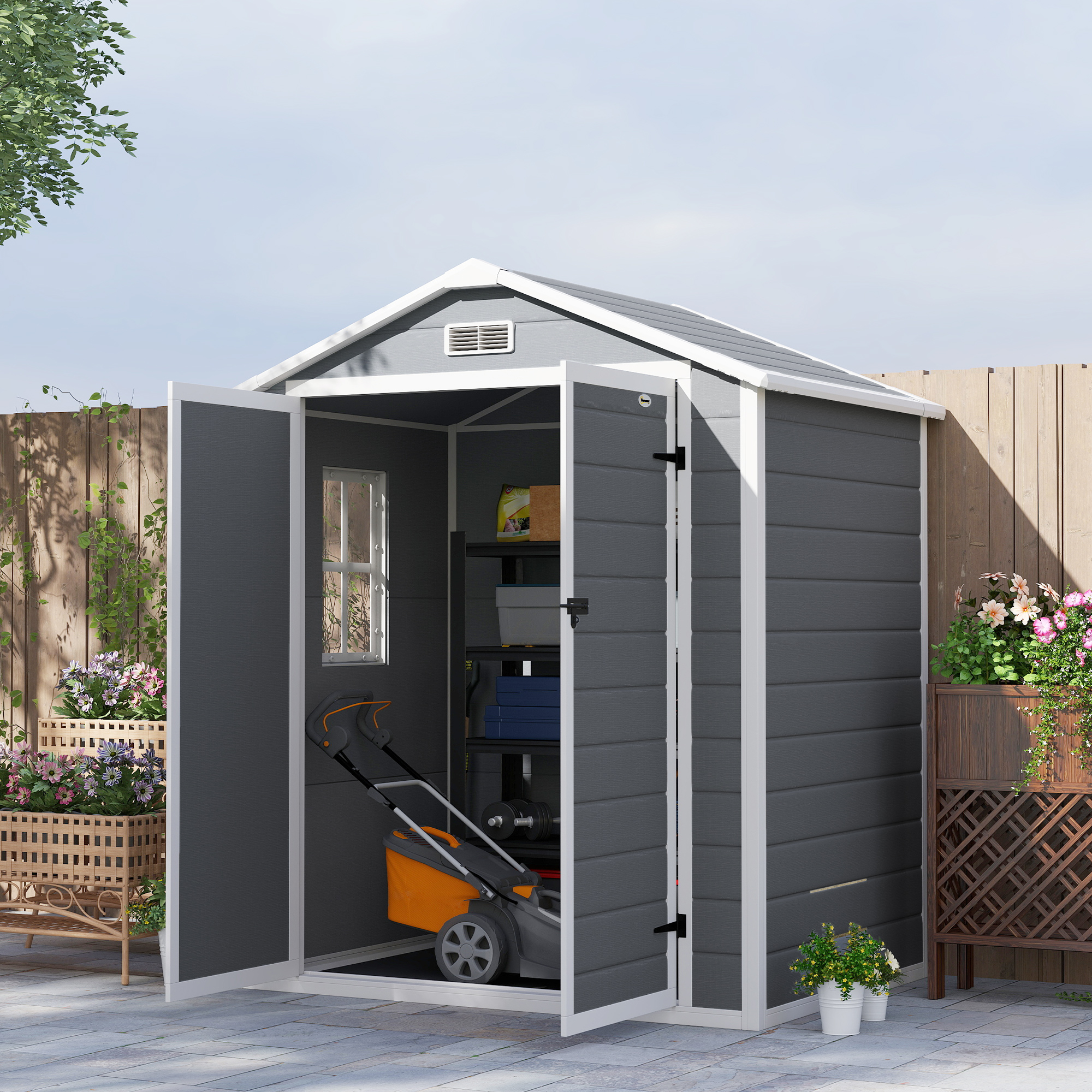 Lockable Garden Storage Shed with Double Doors Window Vent - Grey - Life Essentials