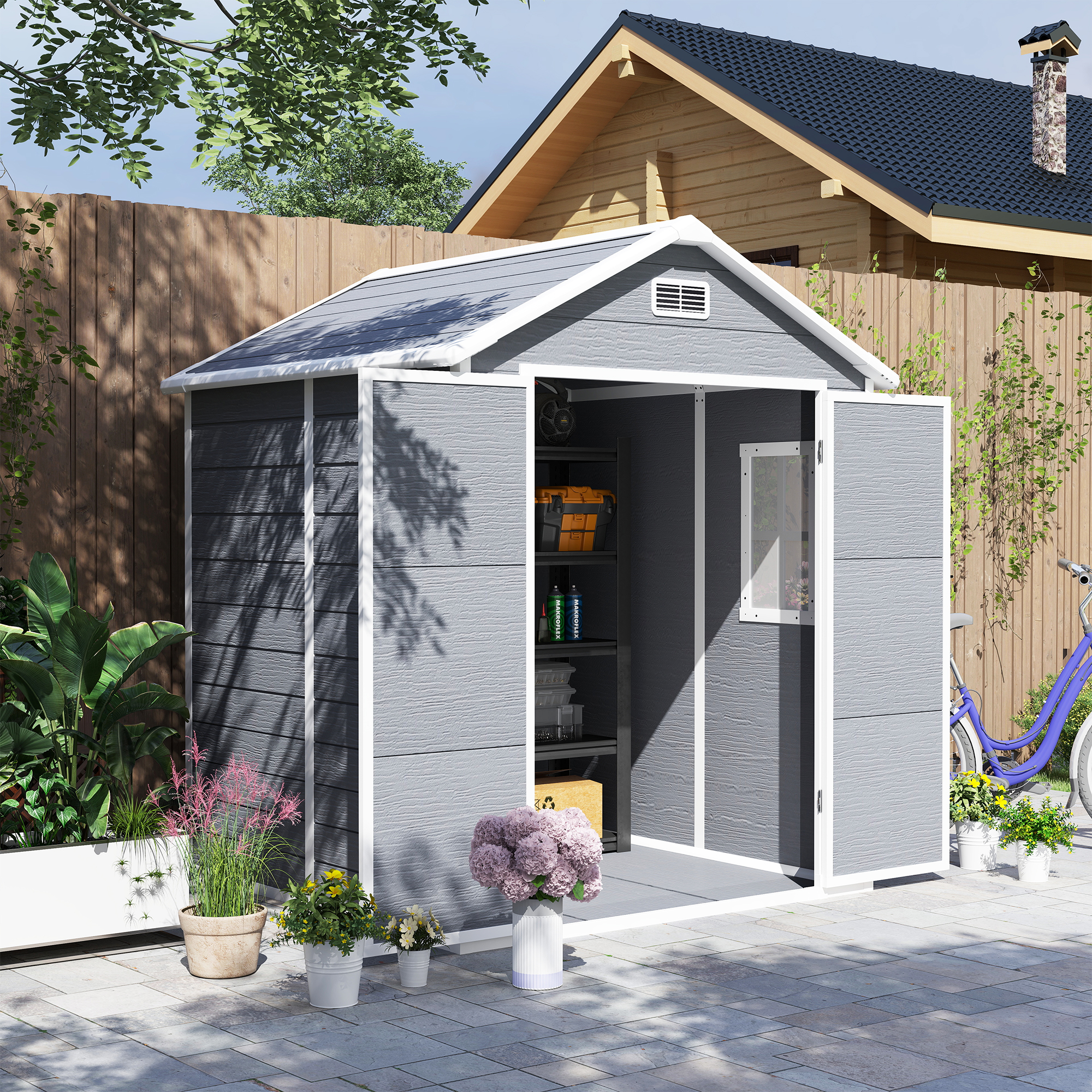 SUNVISTA 6 x 5ft Garden Shed, Plastic Shed with Floor, Window, Lockable Doors and Vents, Wood Effect Resin Tool Shed for Outdoor Patio, Dark Grey - 
