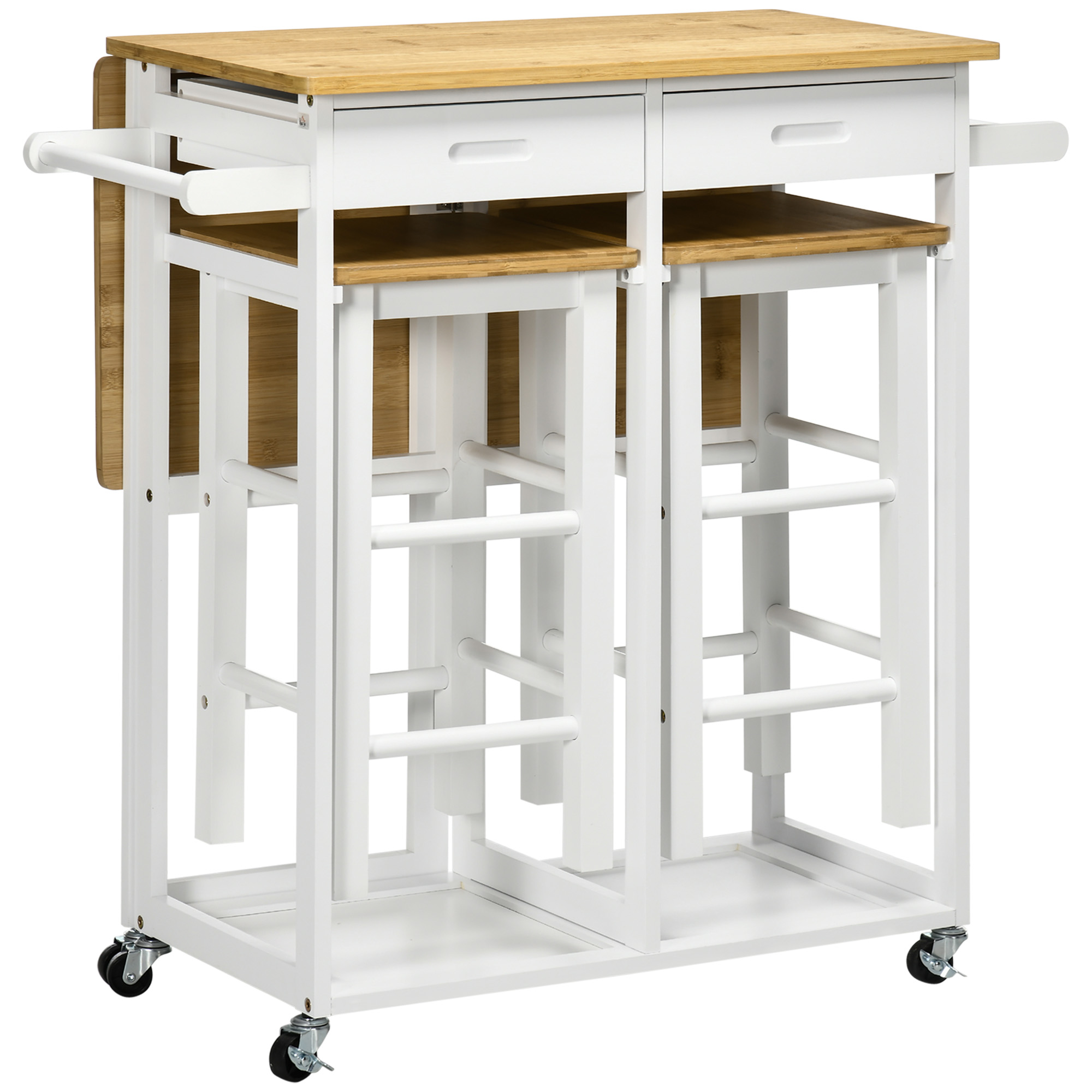 Kitchen Island Set with 2 Stools, Bamboo Breakfast Cart with Drop Leaf Top, Drawers and Towel Rack, Rolling Kitchen Cart and Chairs Set, White - Life 
