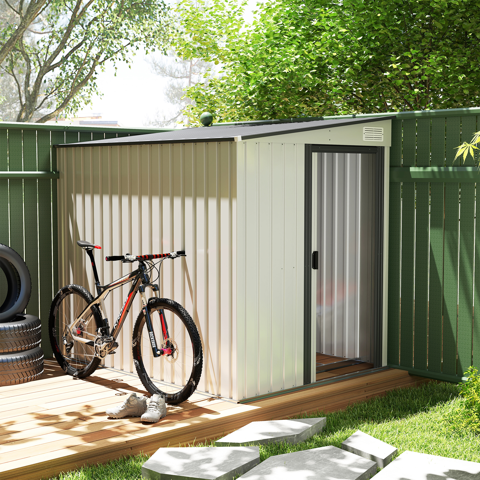 5 x 7FT Galvanised Metal Shed with Foundation, Lean to Tool Garden Shed with Sliding Doors and 2 Vents, White - Life Essentials