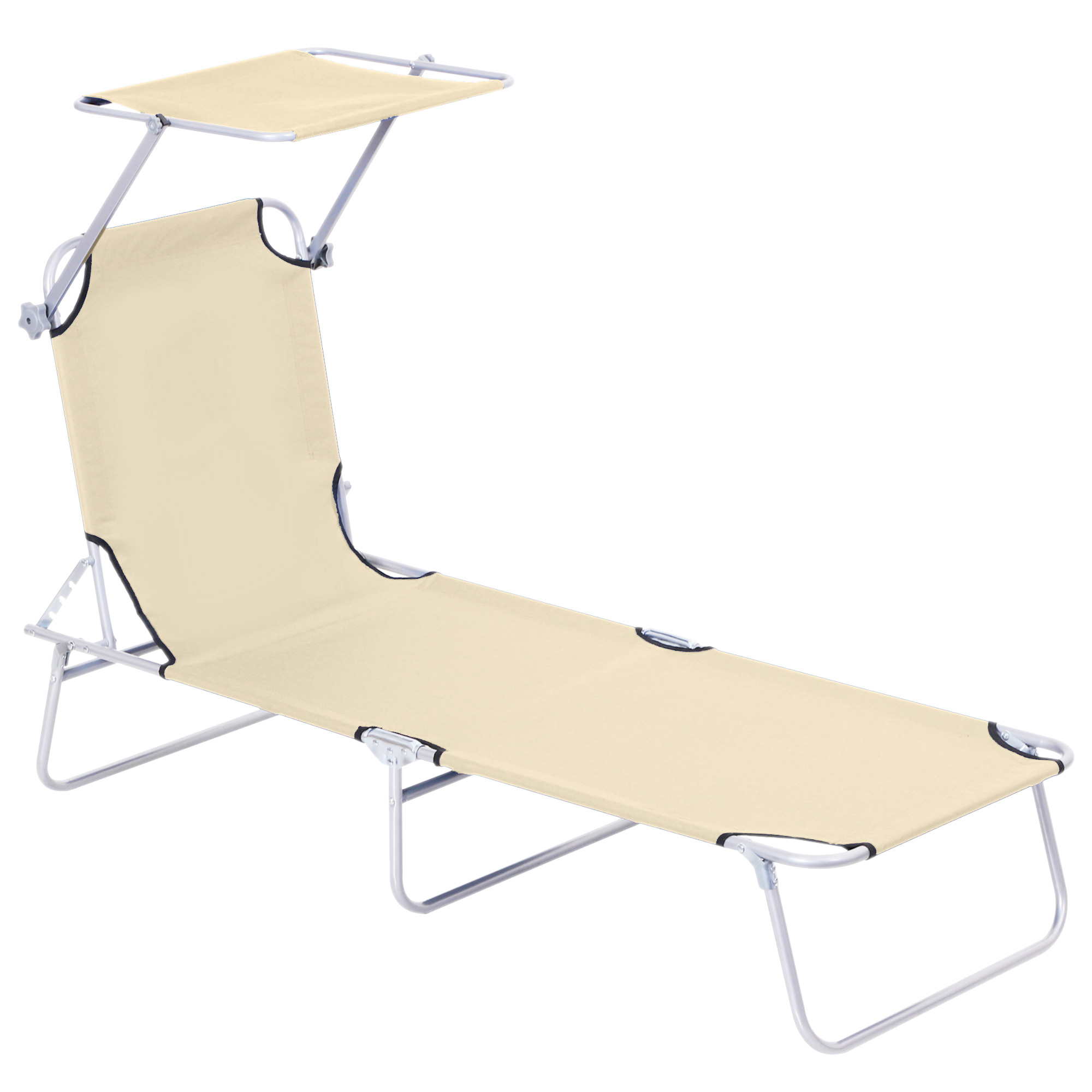 Reclining Chair Sun Lounger Folding Lounger Seat with Sun Shade Awning Beach Garden Outdoor Patio Recliner Adjustable (Beige) - Life Essentials