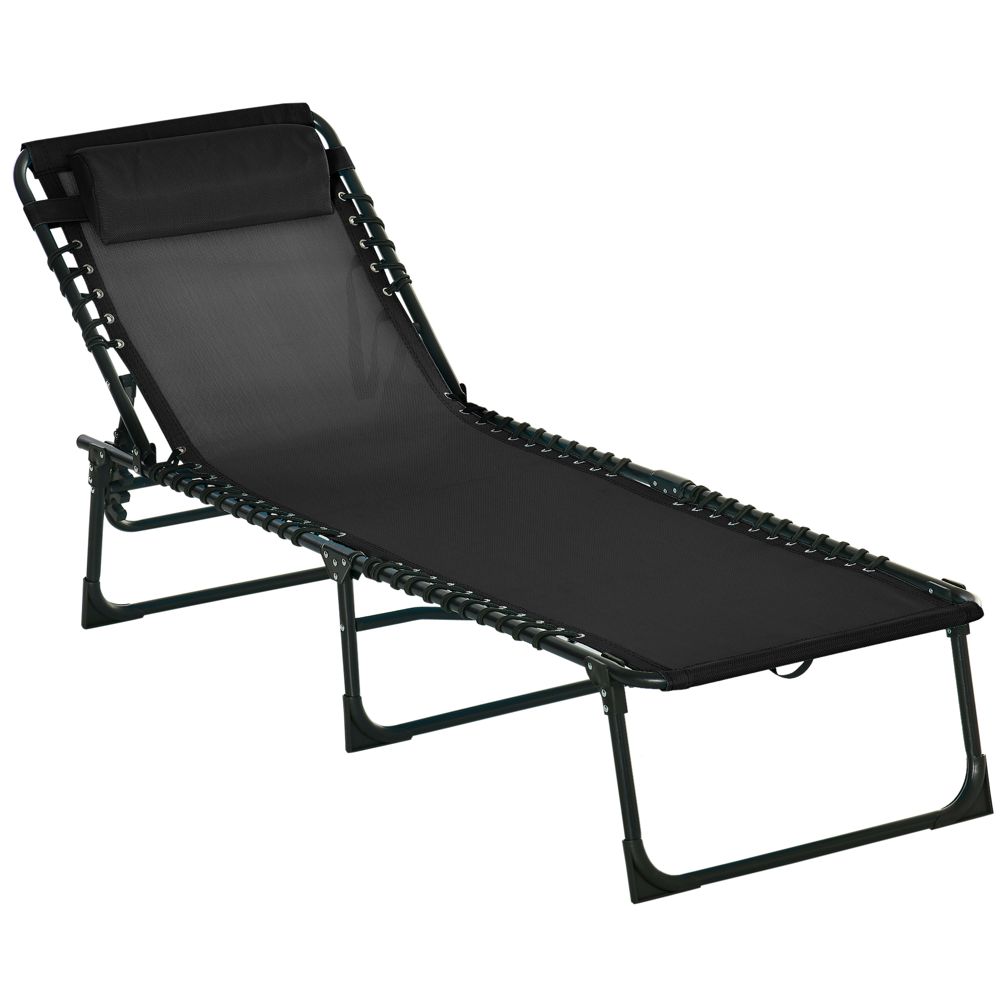 Folding Sun Lounger Beach Chaise Chair Garden Reclining Cot Camping Hiking Recliner with 4 Position Adjustable Back - Black - Life Essentials