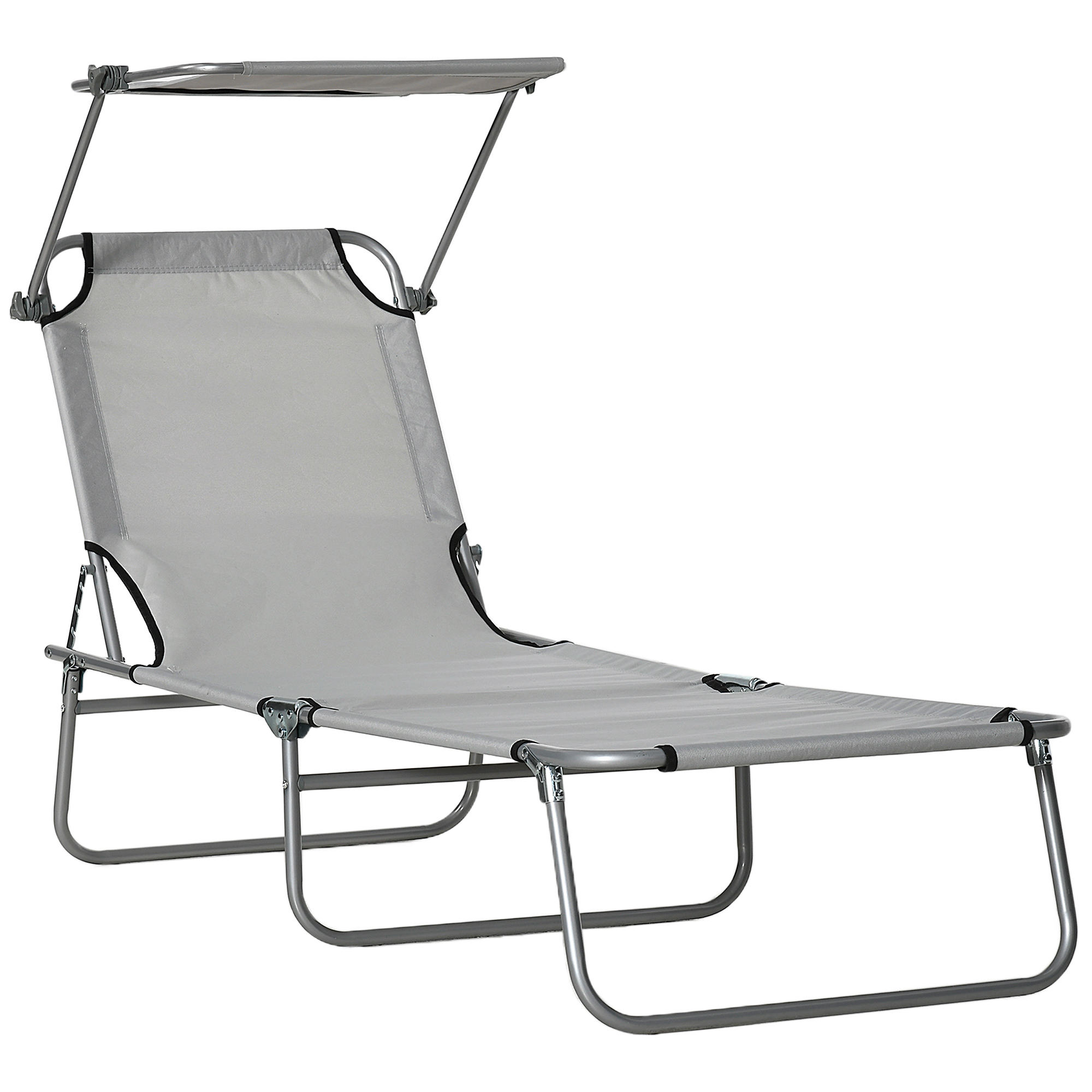 Reclining Chair Folding Lounger Seat with Sun Shade Awning Beach Garden Outdoor Patio Recliner Adjustable, Light Grey - Life Essentials