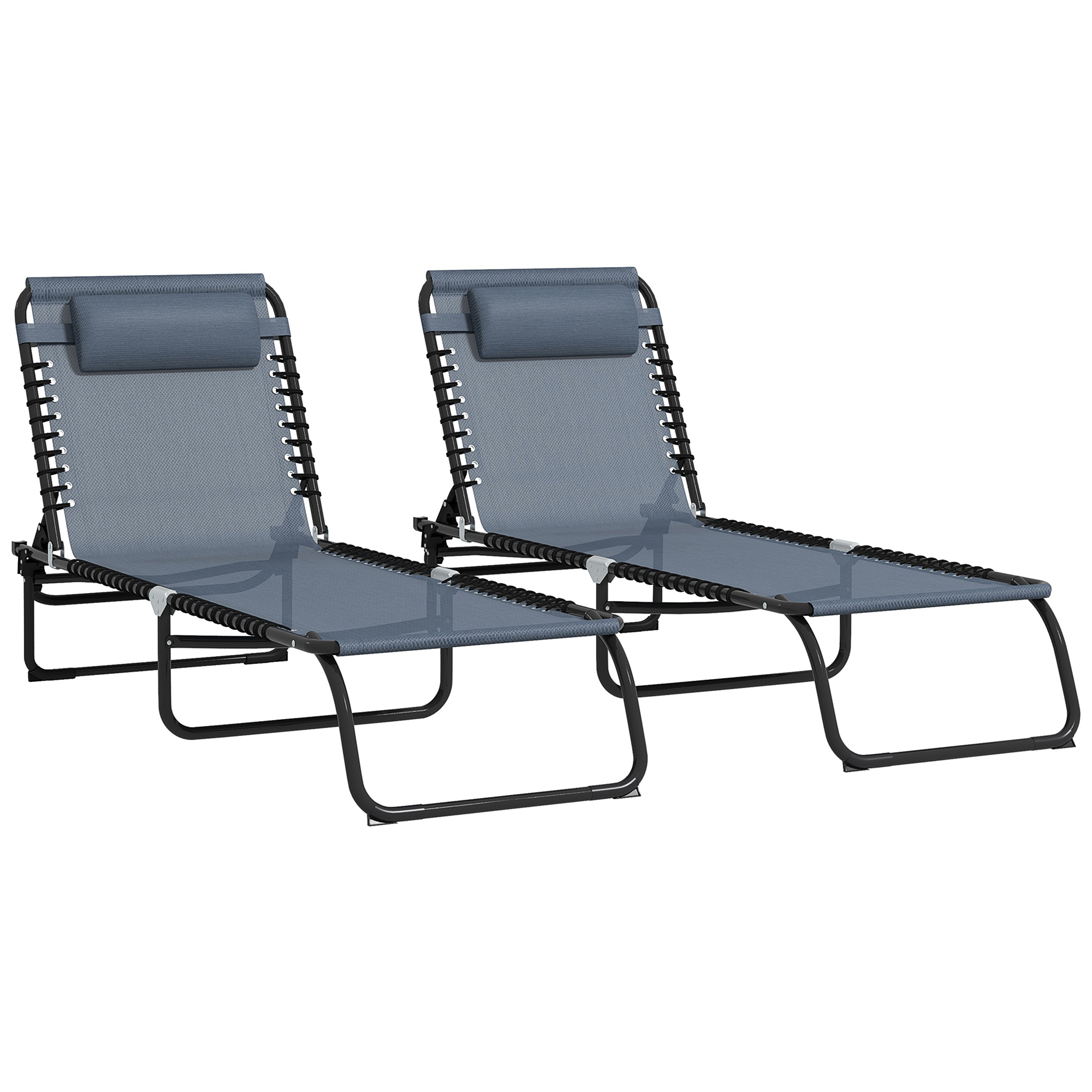 2 Pcs Folding Sun Lounger Beach Chaise Chair Garden Cot Camping Recliner with 4 Position Adjustable Grey - Life Essentials