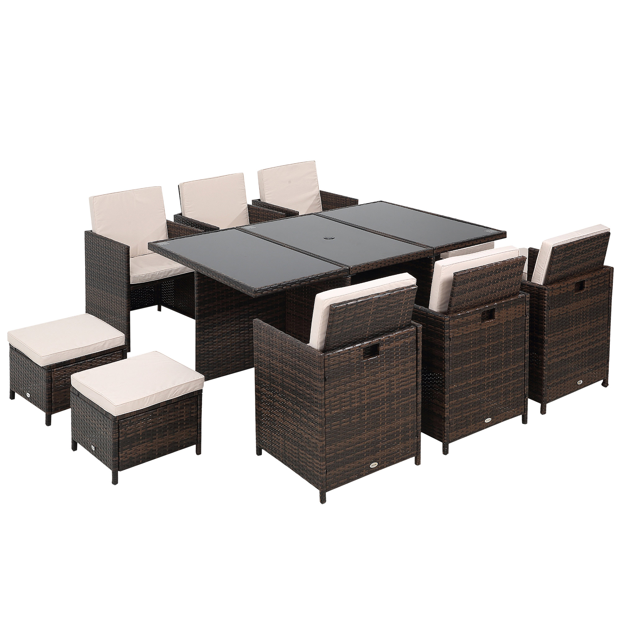 Outdoor 11pc Rattan Garden Furniture Patio Dining Set 10-seater Cube Sofa Weave Wicker 6 Chairs 4 Footrests & 1 Table Mixed Brown - Life Essentials