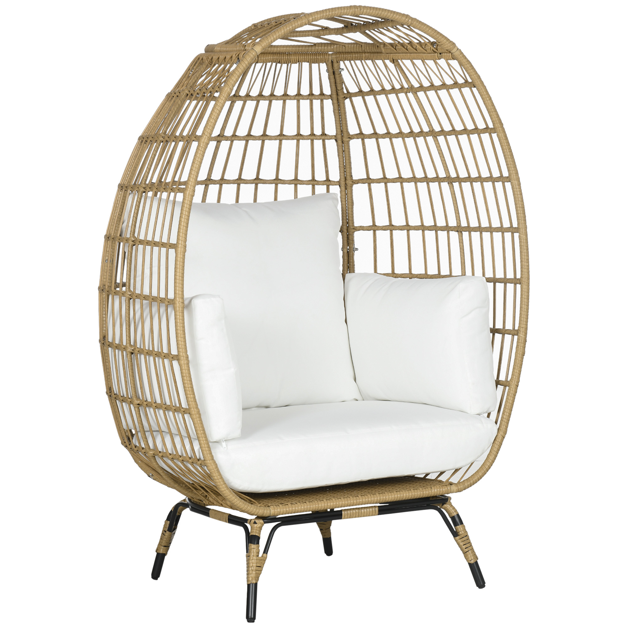 PE Rattan Outdoor Egg Chair, Round Wicker Weave Teardrop Chair with Thick Padded Cushions for Sunroom, Garden, Khaki - Life Essentials