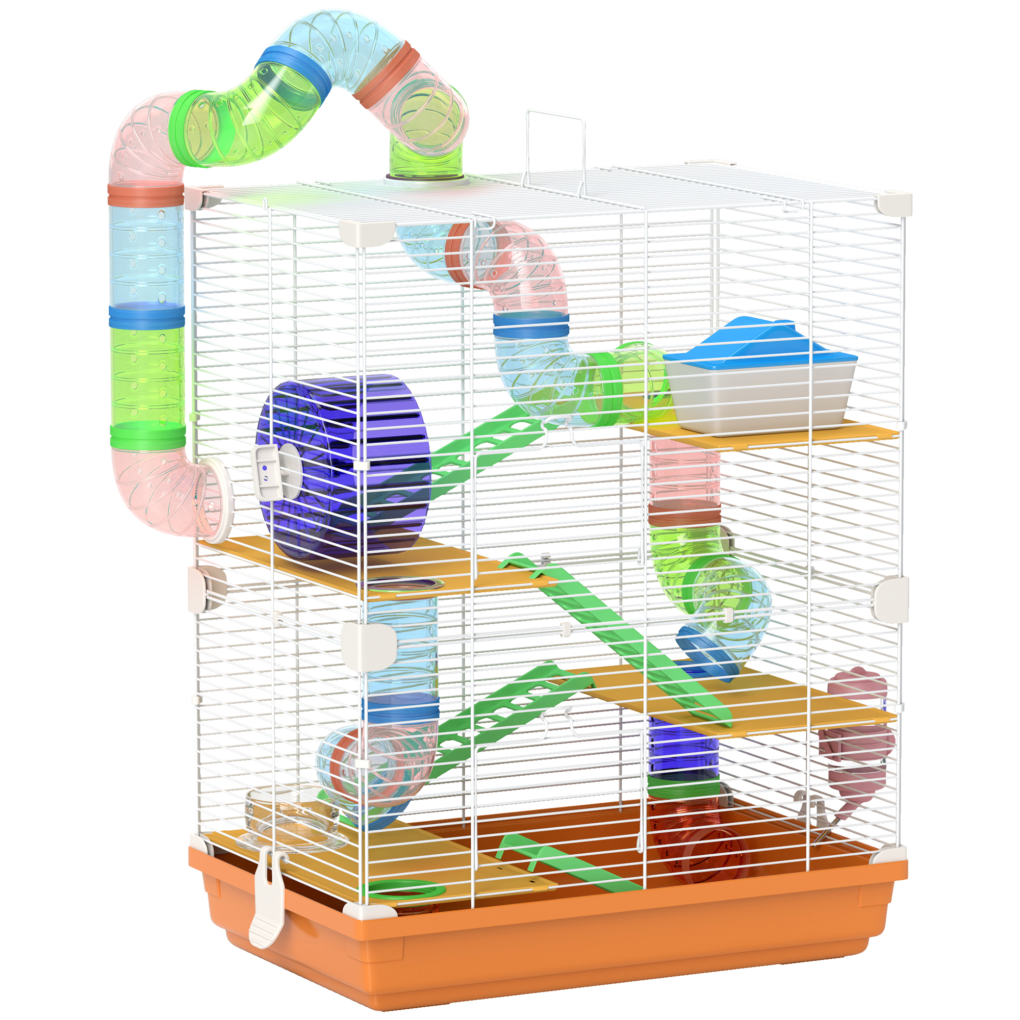 Shelley 5 Tier Hamster Cage Carrier Habitat with Exercise Wheels - Orange and White - Life Essentials