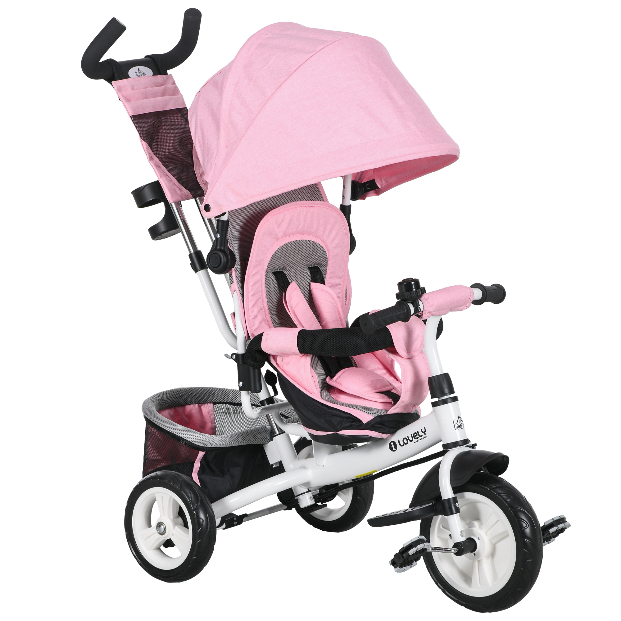 Scott 4 in 1 Kids Trike Push Bike with Push Handle and Canopy - Pink and White - Life Essentials
