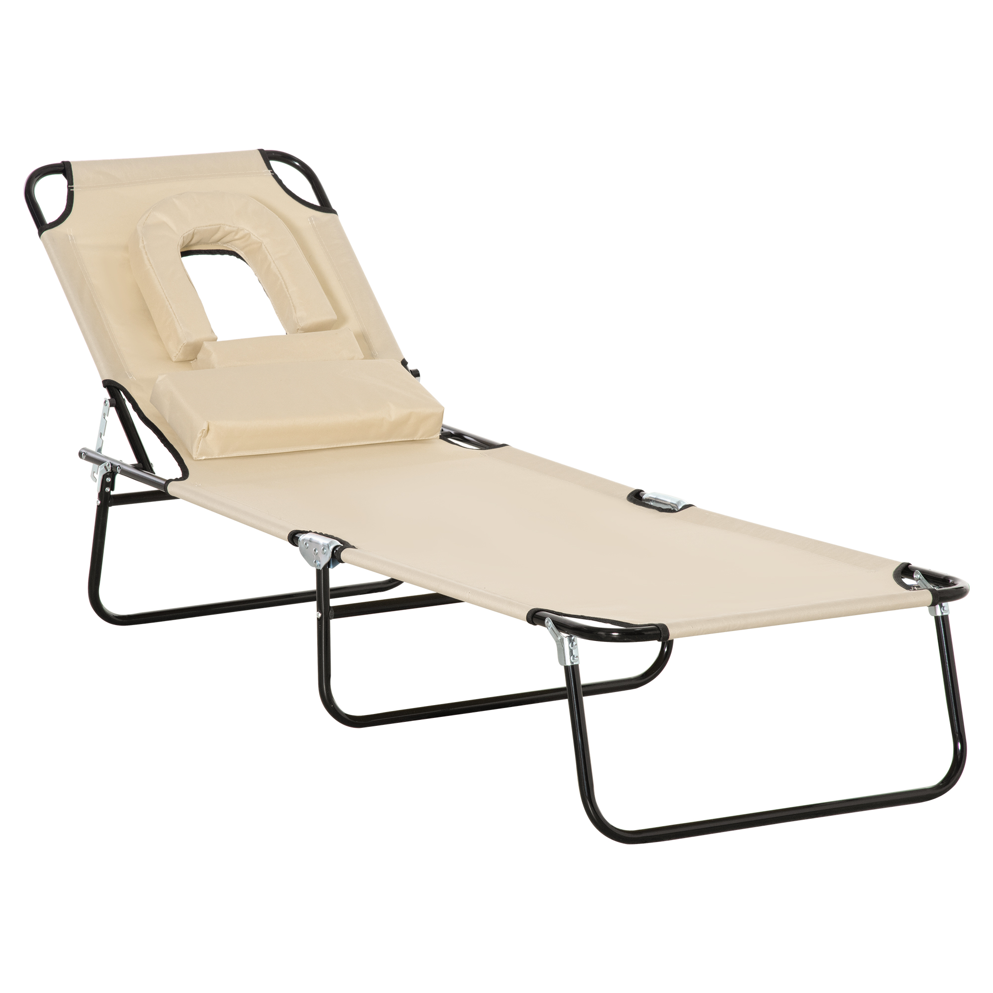 Sun Lounger Foldable Reclining Chair with Pillow and Reading Hole Garden Beach Outdoor Recliner Adjustable Beige - Life Essentials