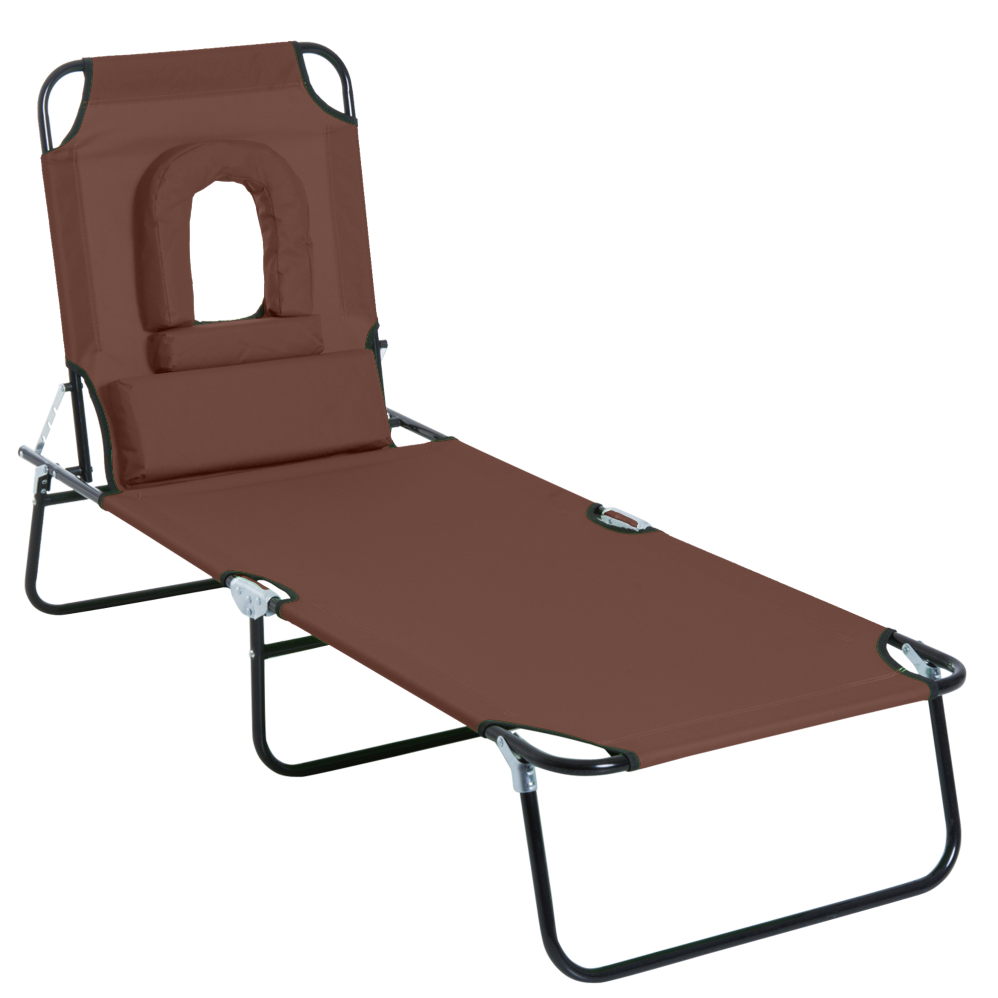 Sun Lounger Foldable Reclining Chair with Pillow and Reading Hole Garden Beach Outdoor Recliner Adjustable Brown - Life Essentials