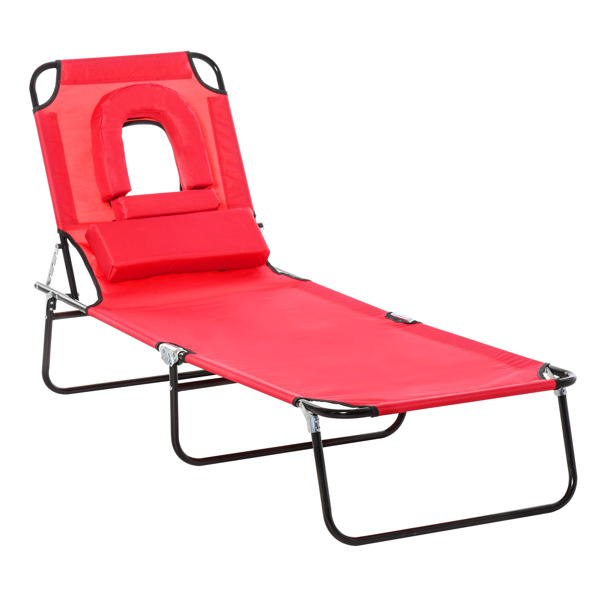 Foldable Outdoor Sun Lounger Adjustable Backrest Reclining Chair with Pillow and Reading Hole Garden Beach, Red - Life Essentials