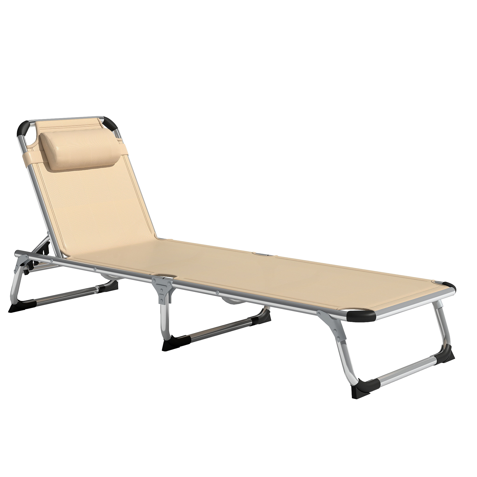 Foldable Reclining Sun Lounger Lounge Chair Camping Bed Cot with Pillow 5-Level Adjustable Back Aluminium Frame Khaki - Life Essentials