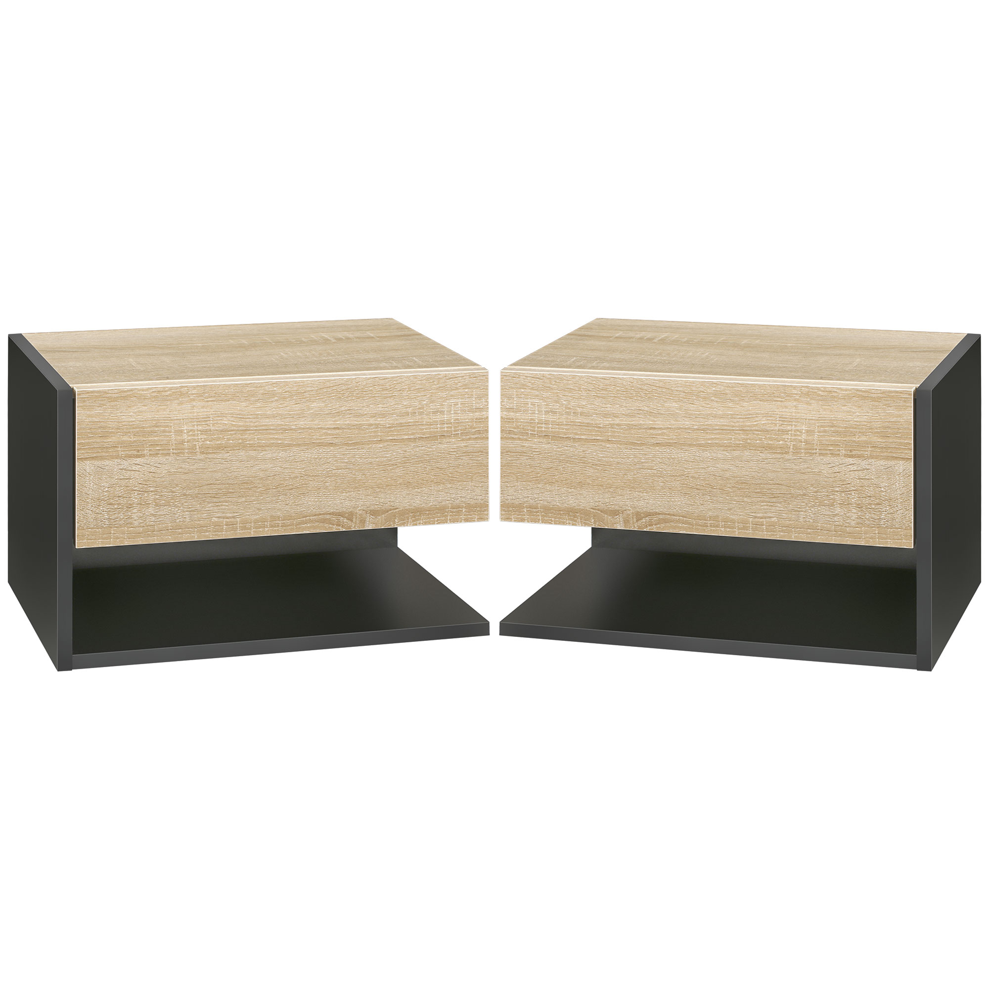 HERON Floating Bedside Tables Set of 2, Wall-Mounted with Drawer & Shelf - Oak - Life Essentials
