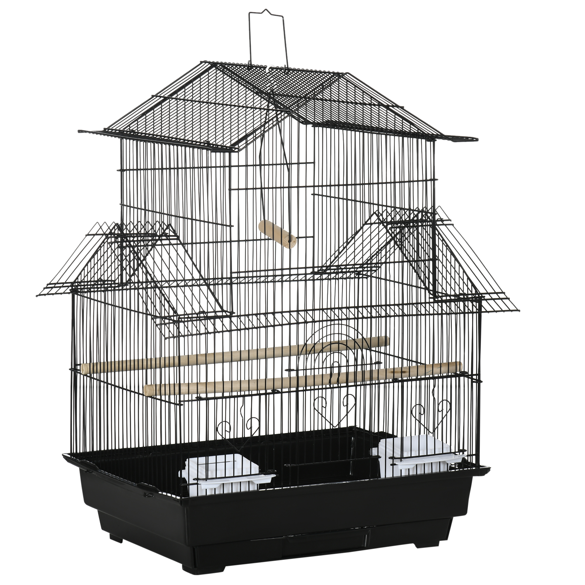 Metal Bird Cage with Plastic Swing Perch Food Container Tray Handle for Finch Canary Budgie 50.5 x 40 x 63cm Black - Life Essentials