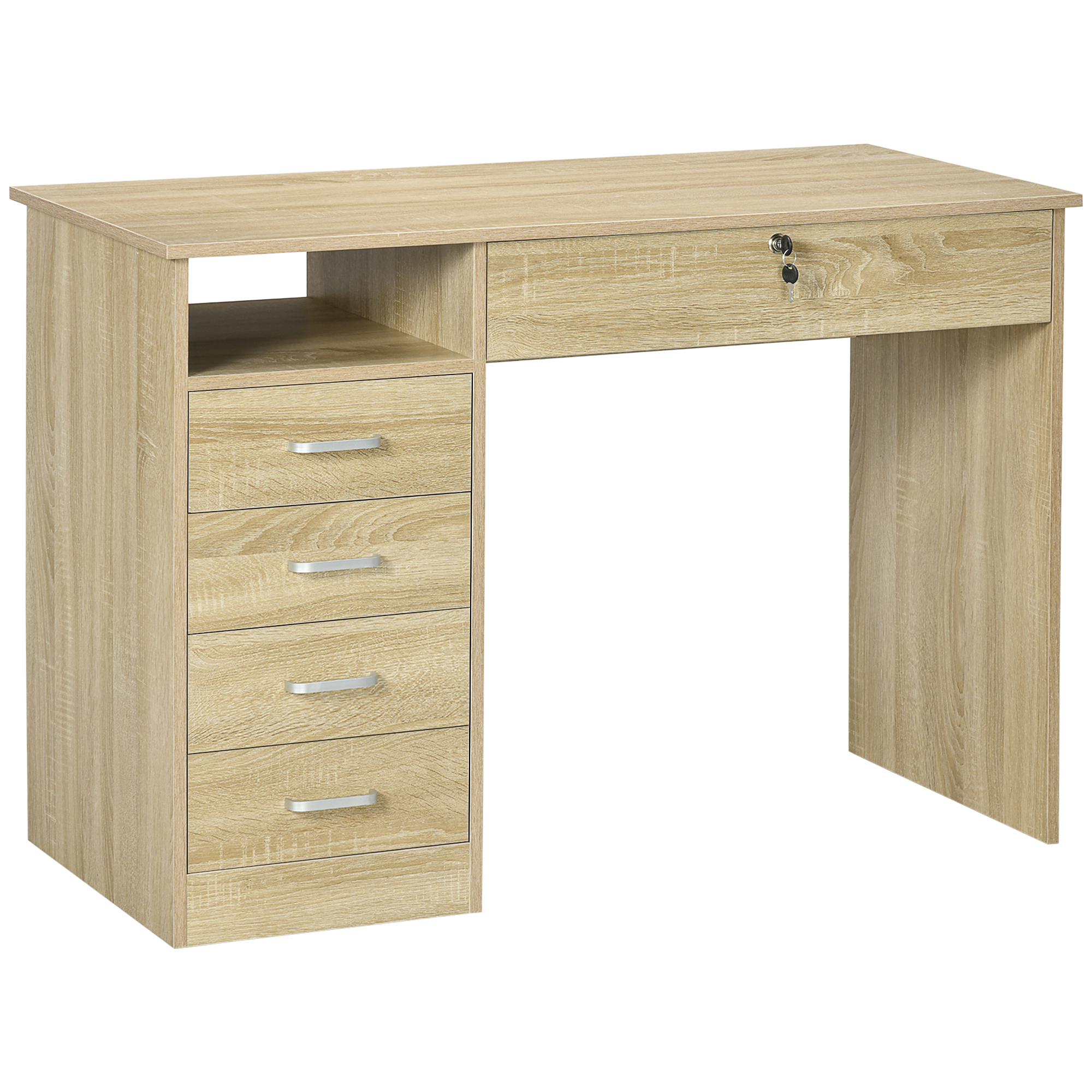 Computer Desk, Home Office Desk with Lockable Drawer, Storage Shelf for Study Bedroom, 110 x 50 x 76 cm, Oak - Life Essentials