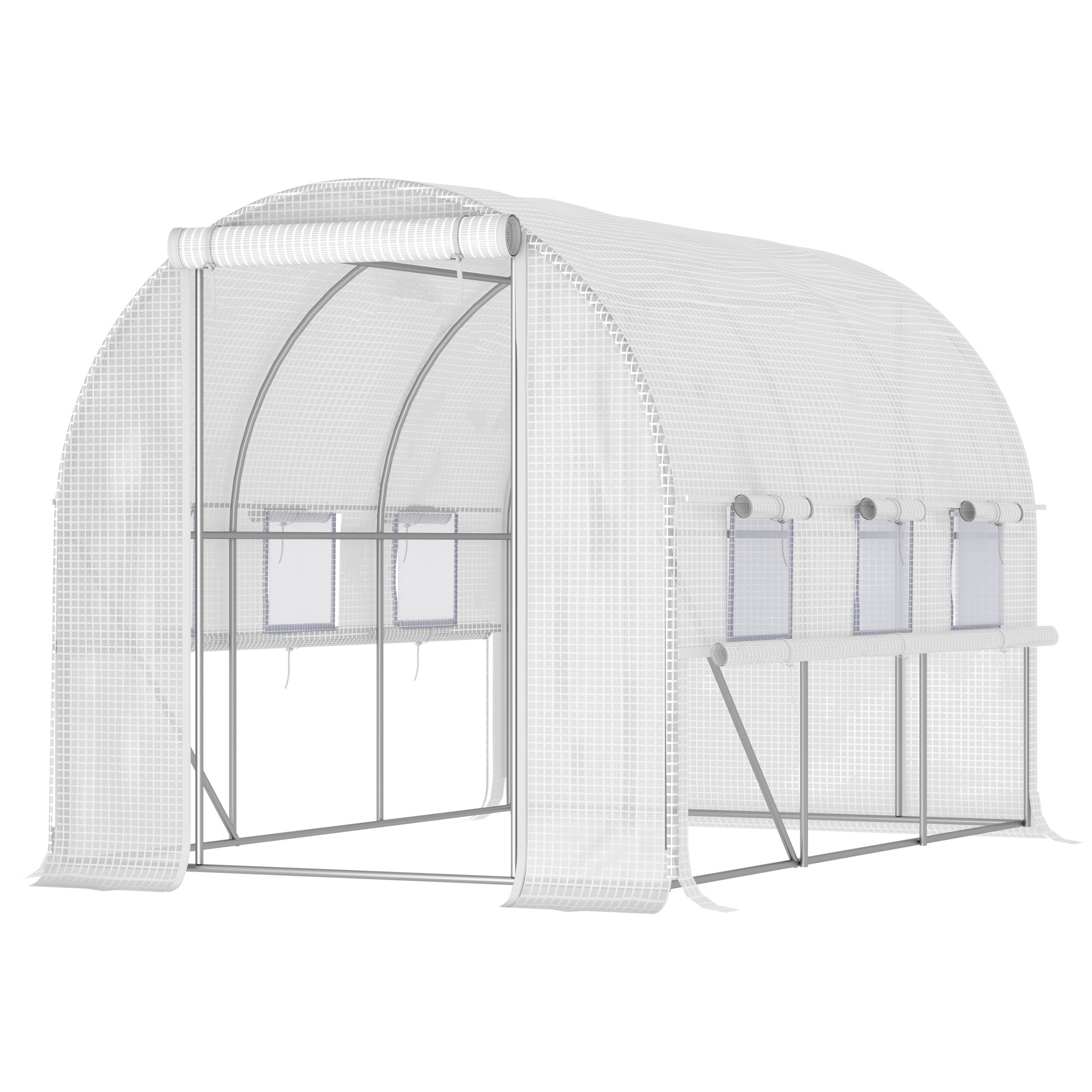 3 x 2 x 2m Walk-in Tunnel Greenhouse, Polytunnel Tent with PE Cover, Zippered Roll Up Door and 6 Mesh Windows, White - Life Essentials