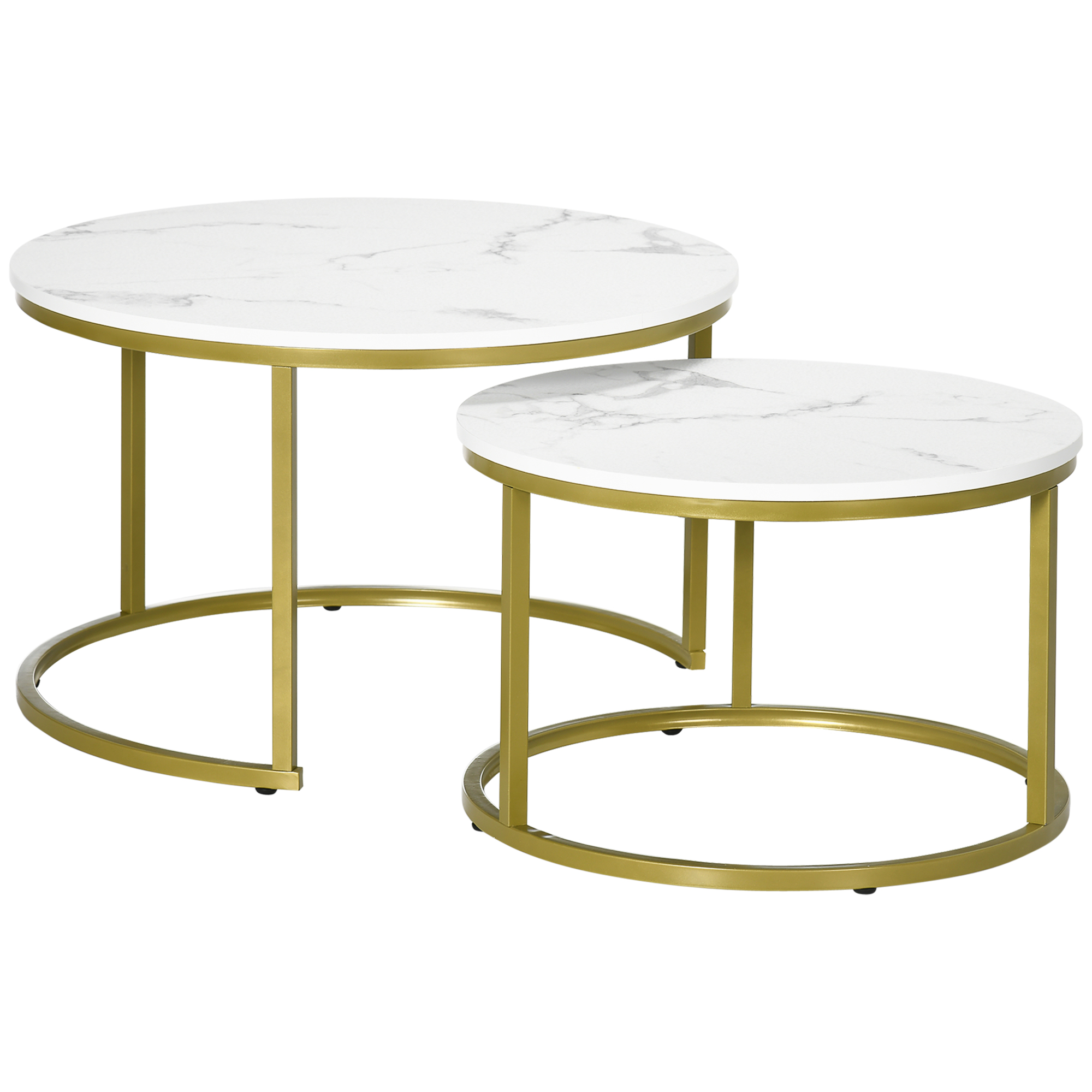 Coffee Table Set of 2, Round Nest of Tables with Faux Marble Tabletop and Metal Frame, Modern Side Tables for Living Room, White - Life Essentials