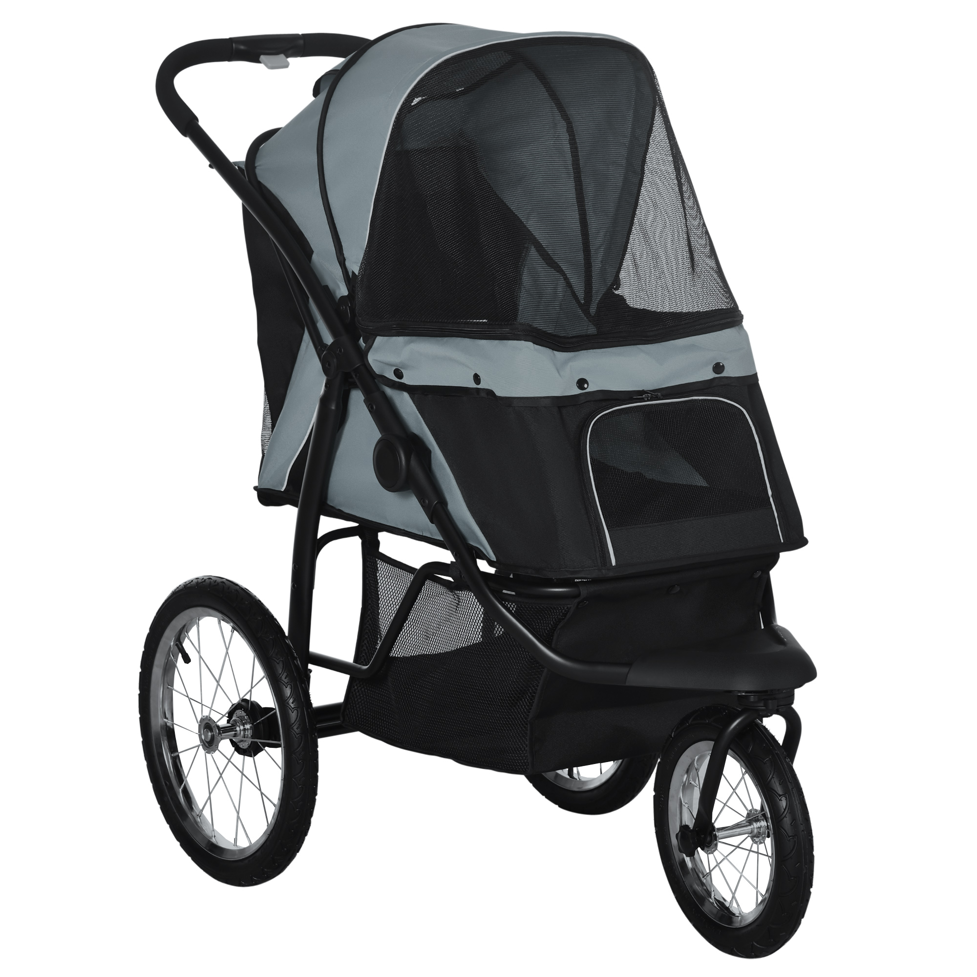 Pet Stroller Jogger for Medium Small Dogs, Foldable Cat Pram Dog Pushchair with Adjustable Canopy, 3 Big Wheels, Grey - Life Essentials