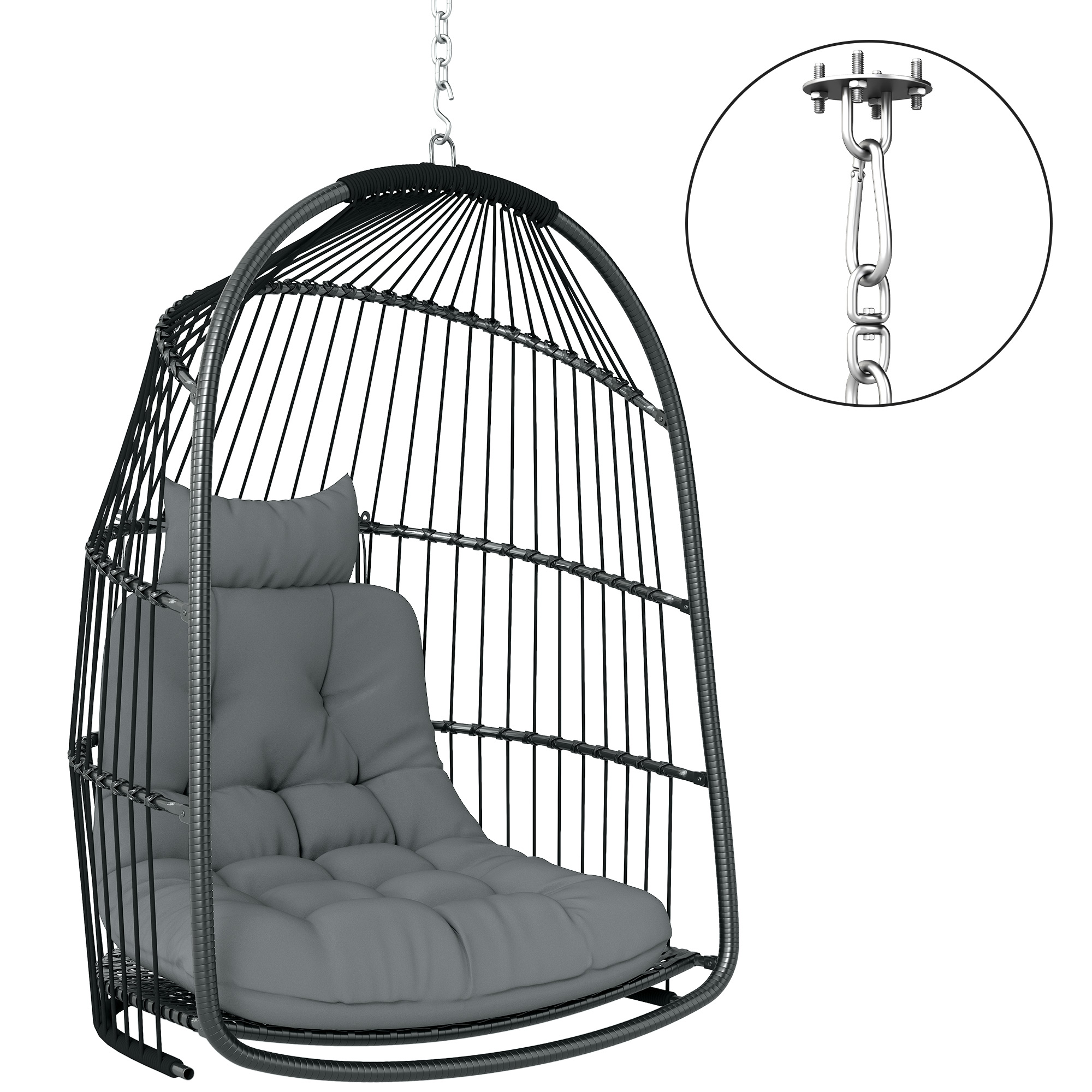 SUNVISTA Hanging Egg Chair, Foldable Rattan Swing Chair with Cushion & Headrest, Dark Grey - Life Essentials