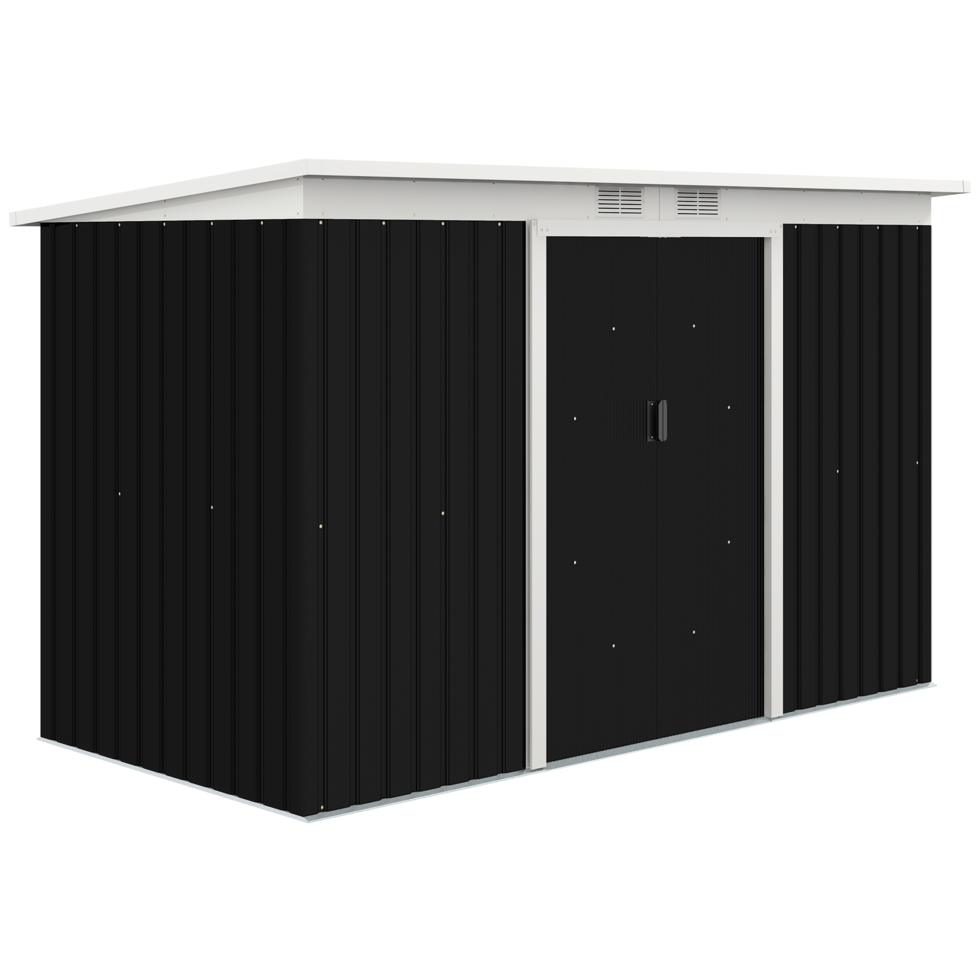 9 x 4 ft Metal Garden Storage Shed Patio Corrugated Steel Roofed Tool Box with Base, Kit Ventilation and Doors, Dark Grey - Life Essentials