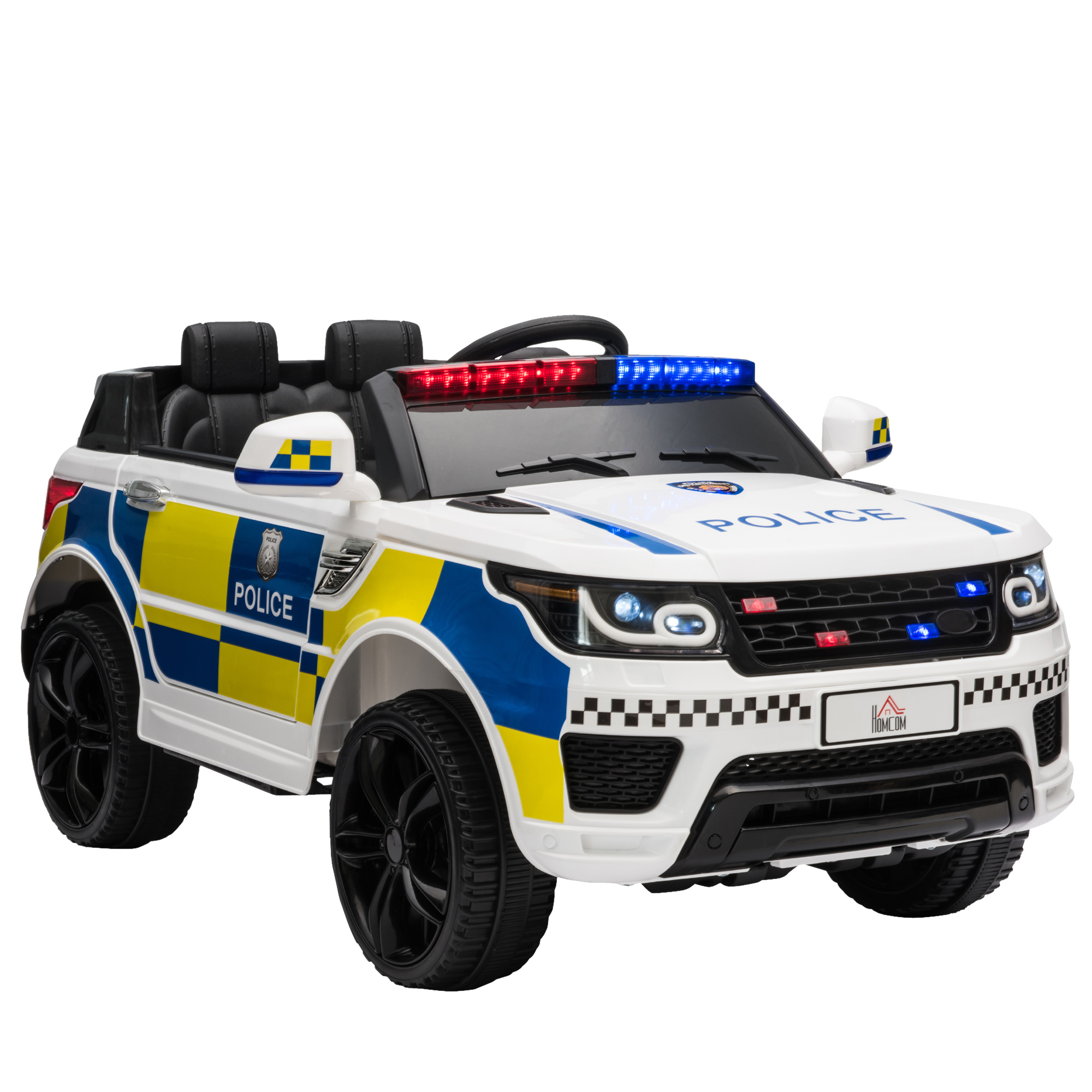 12V Kid Electric Ride On Police Car with Remote Siren Light Bluetooth - White - Life Essentials