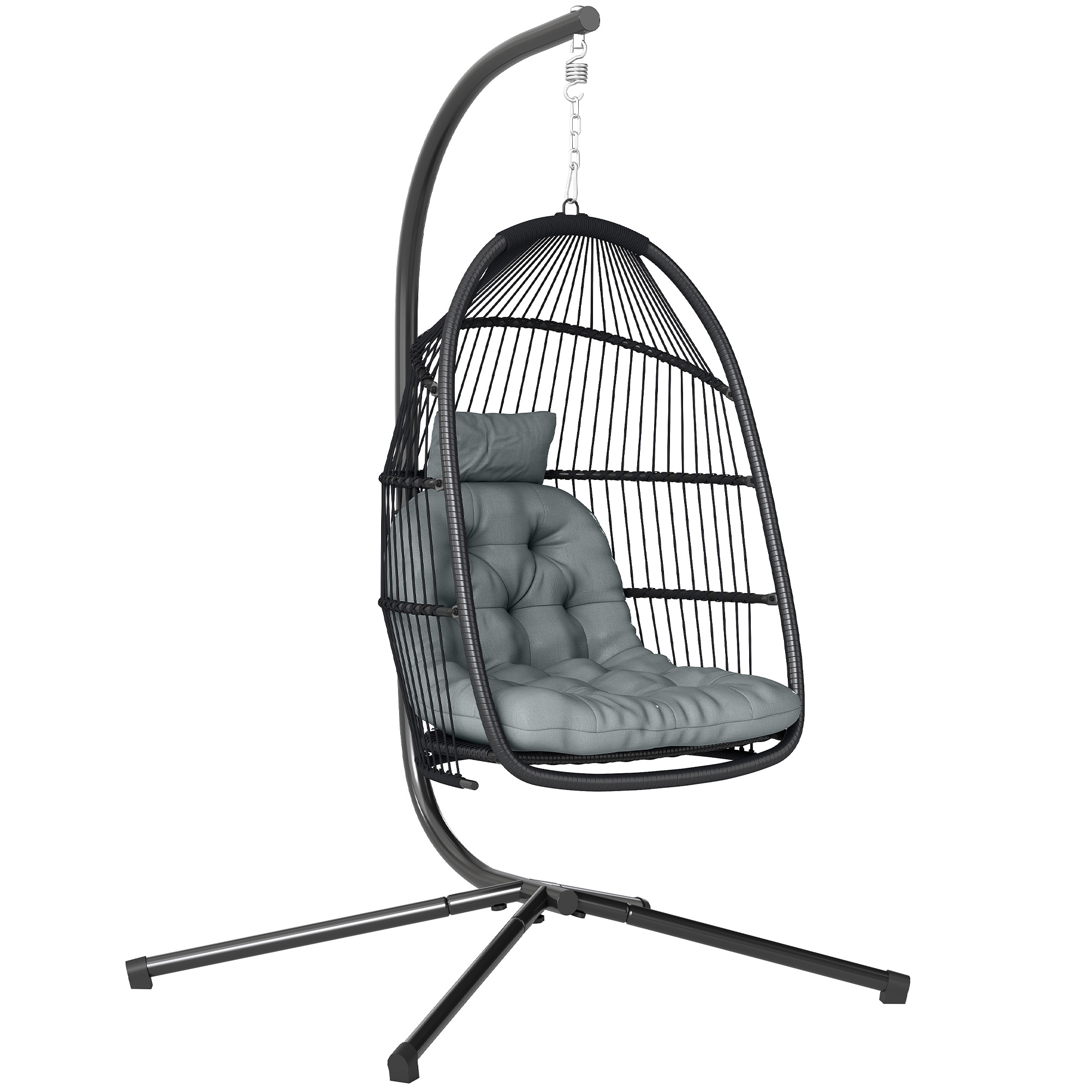 SUNVISTA Rattan Hanging Egg Chair, Foldable Wicker Swing with Cushion, Steel Frame, 150kg Capacity, Dark Grey - Life Essentials