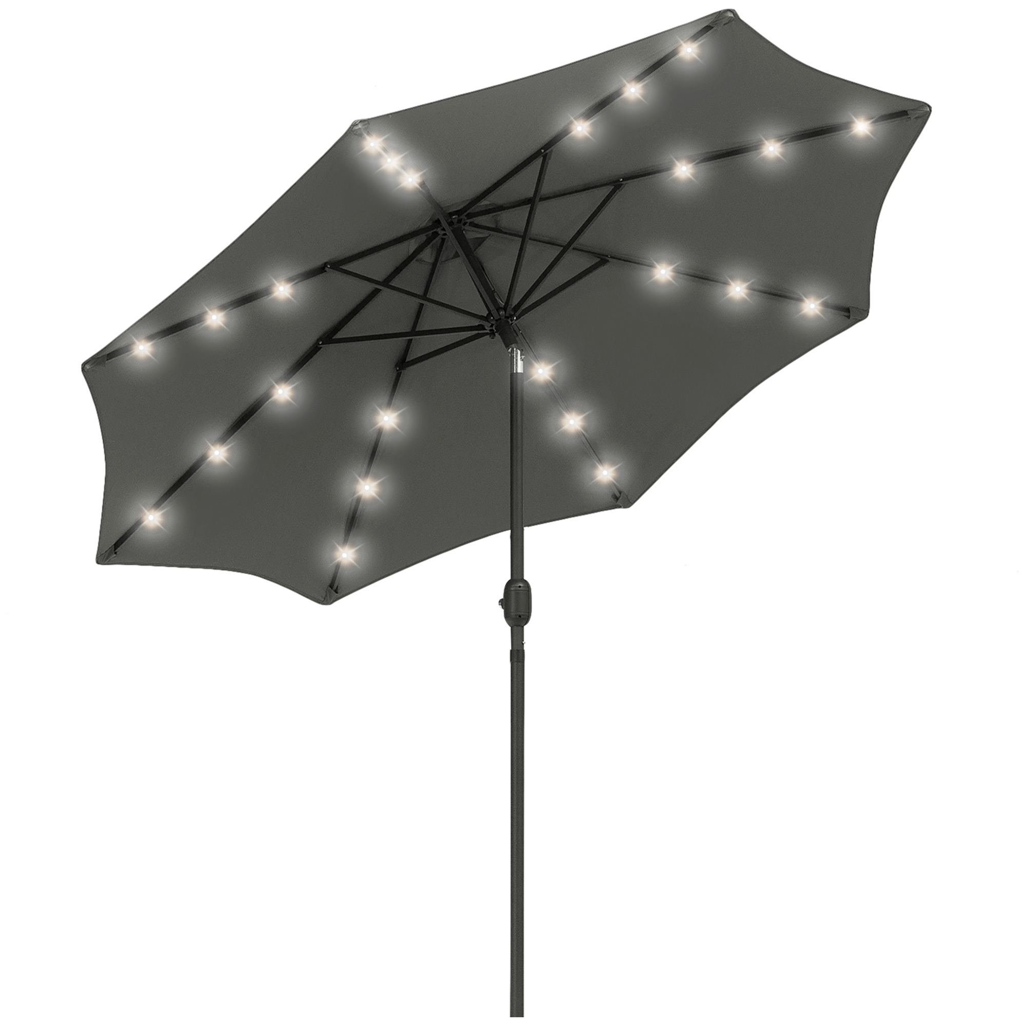 2.7m Patio LED Umbrella with Push Button Tilt/Crank 8 Ribs Sun Shade for Outdoor Table Market Umbrella Grey - Life Essentials