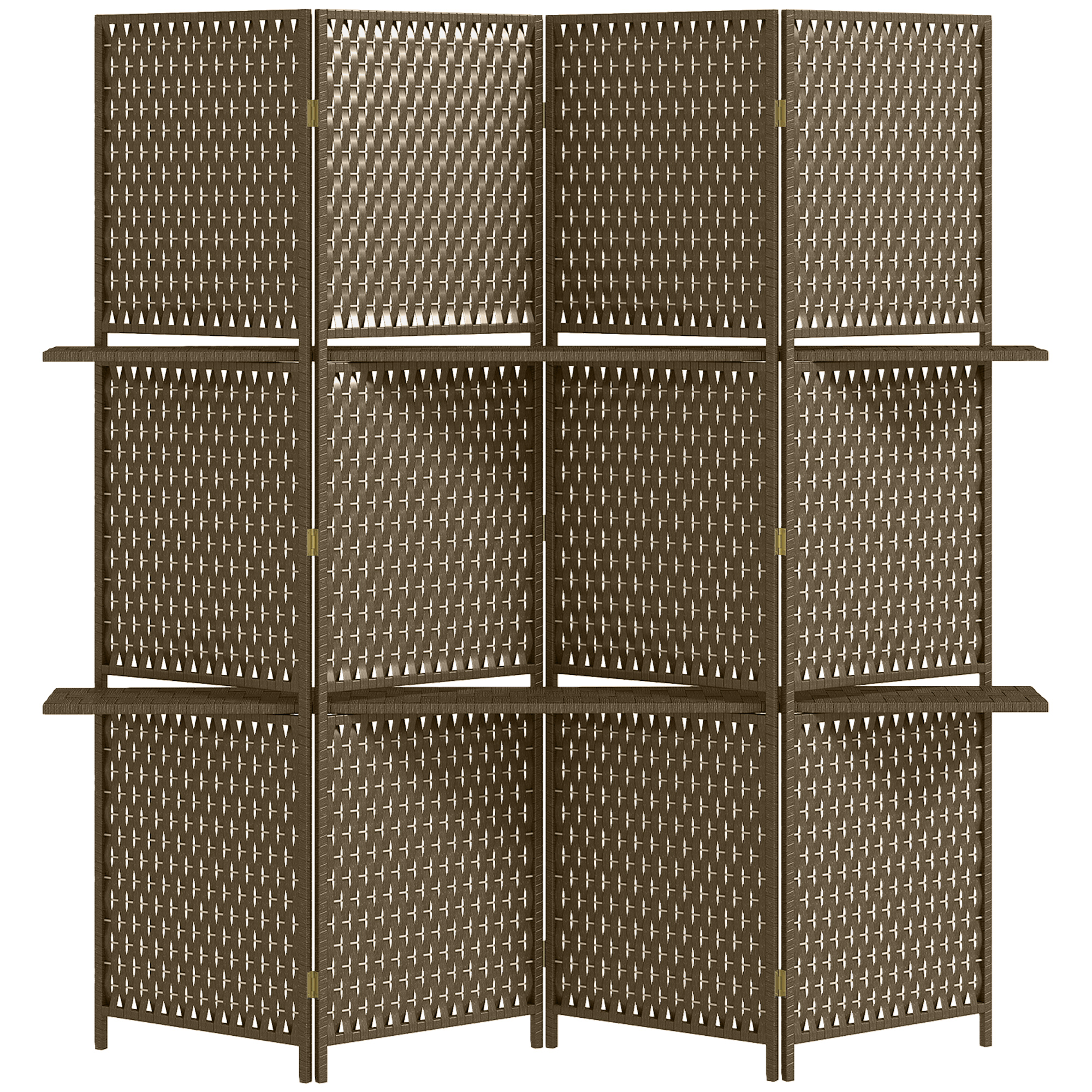 4-Panel Room Dividers with Shelves, Wave Fibre Freestanding Folding Privacy Screen Panels, Partition Wall Divider for Indoor Bedroom Brown - Life 