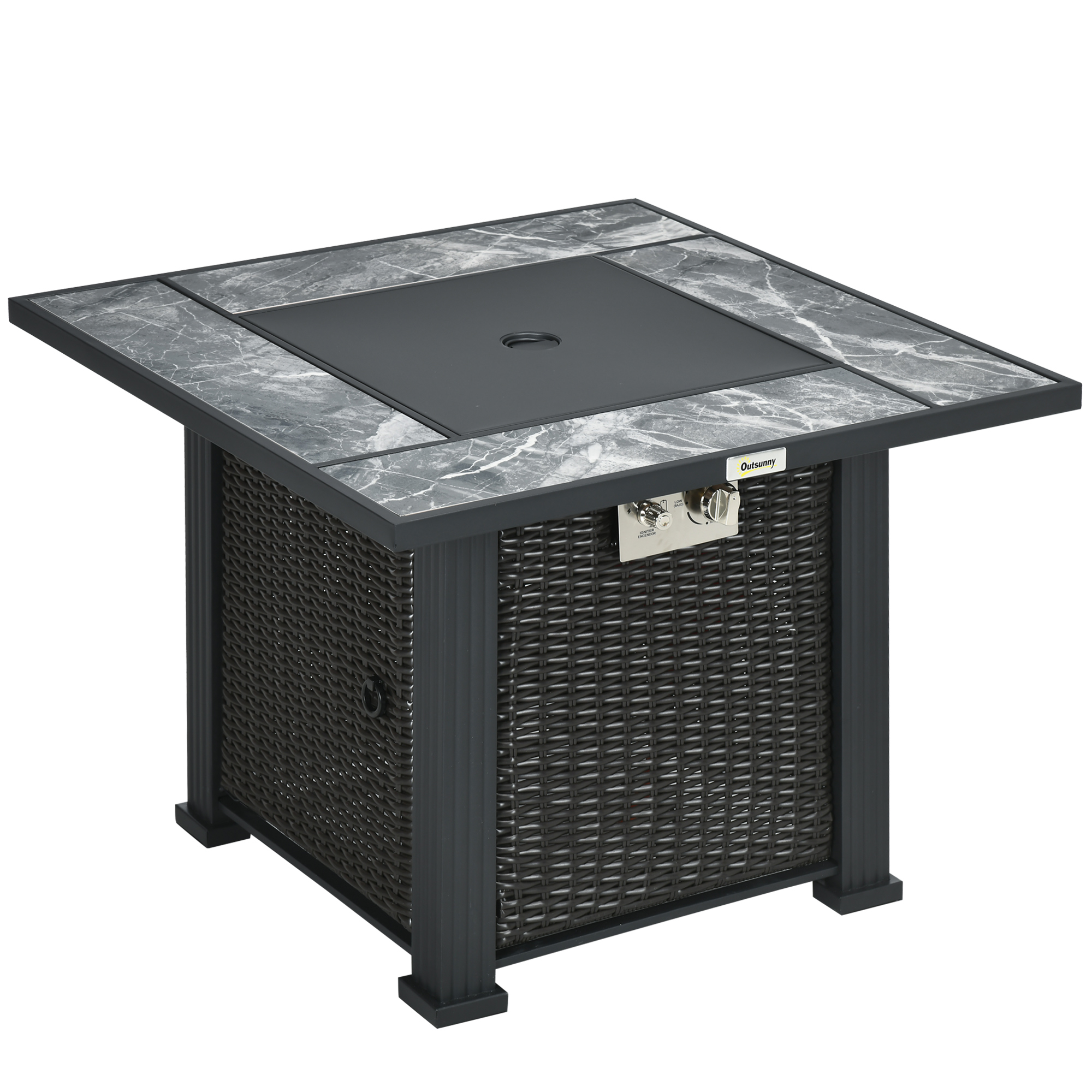 Outdoor PE Rattan Gas Fire Pit Table, Patio Square Propane Heater with Marble Desktop, Rain Cover, Glass Windscreen, and Glass Stones Black - Life 