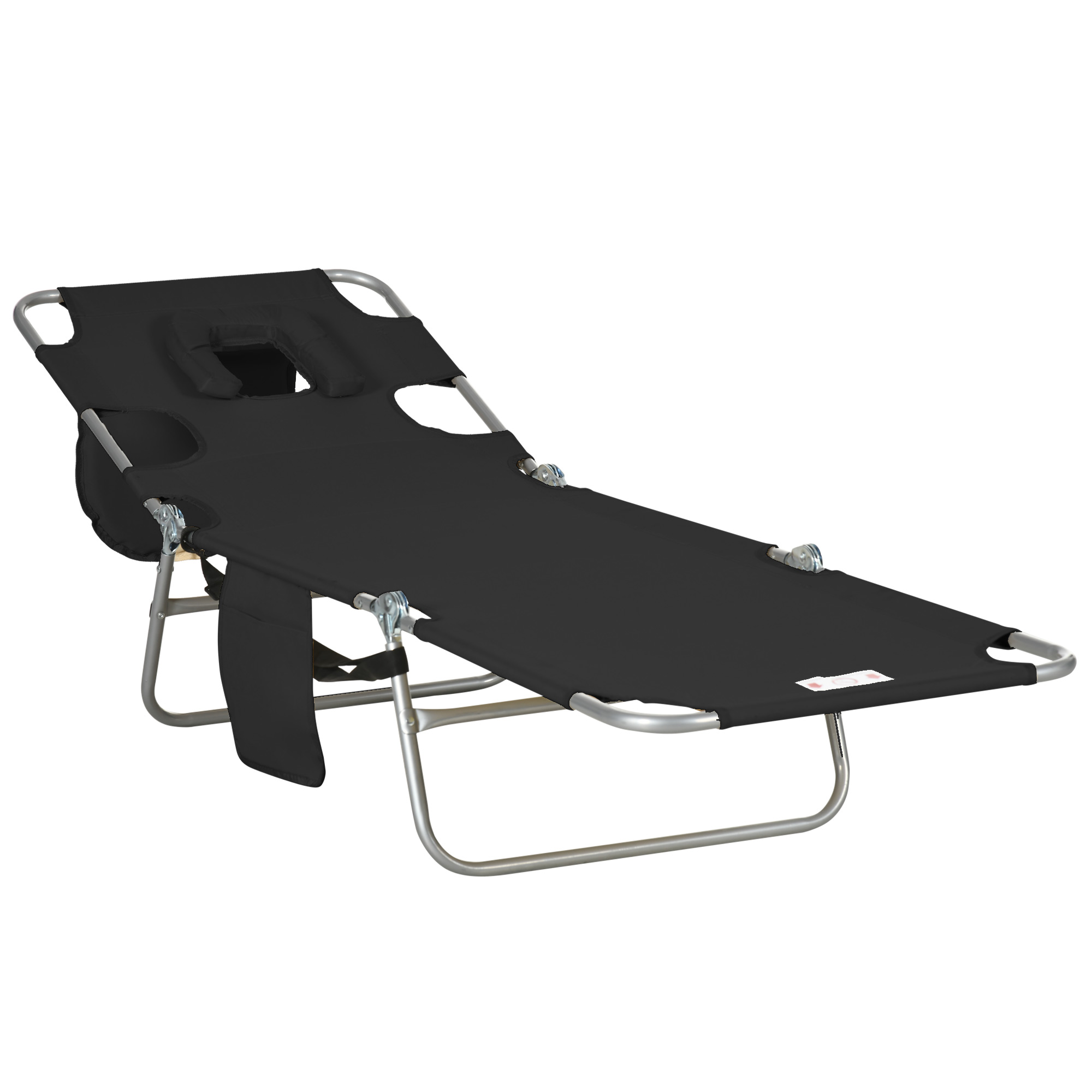 Foldable Sun Lounger, Beach Chaise Lounge with Reading Hole, Arm Slots, 5-Position Adjustable Backrest, Side Pocket, Pillow for Patio Black - Life 