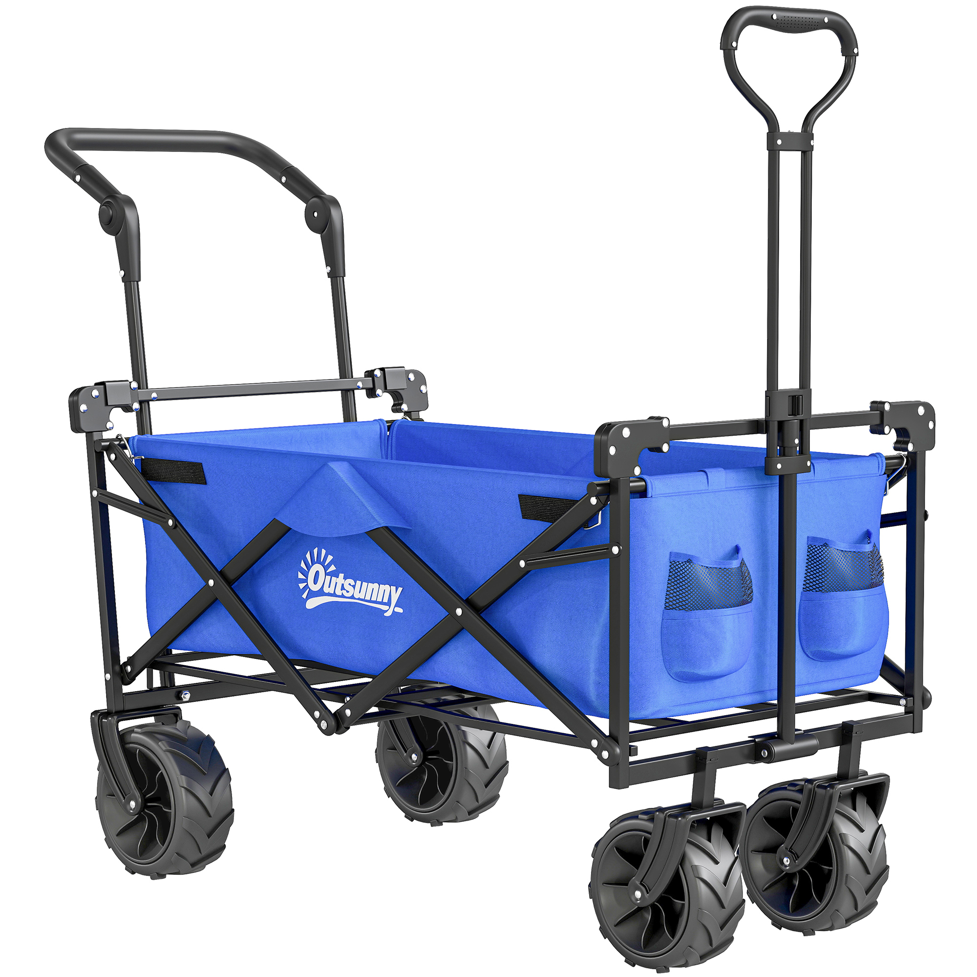 Folding Trolley Cart Storage Wagon Beach Trailer 4 Wheels with Handle Overhead Canopy Cart Push Pull for Camping, Blue - Life Essentials