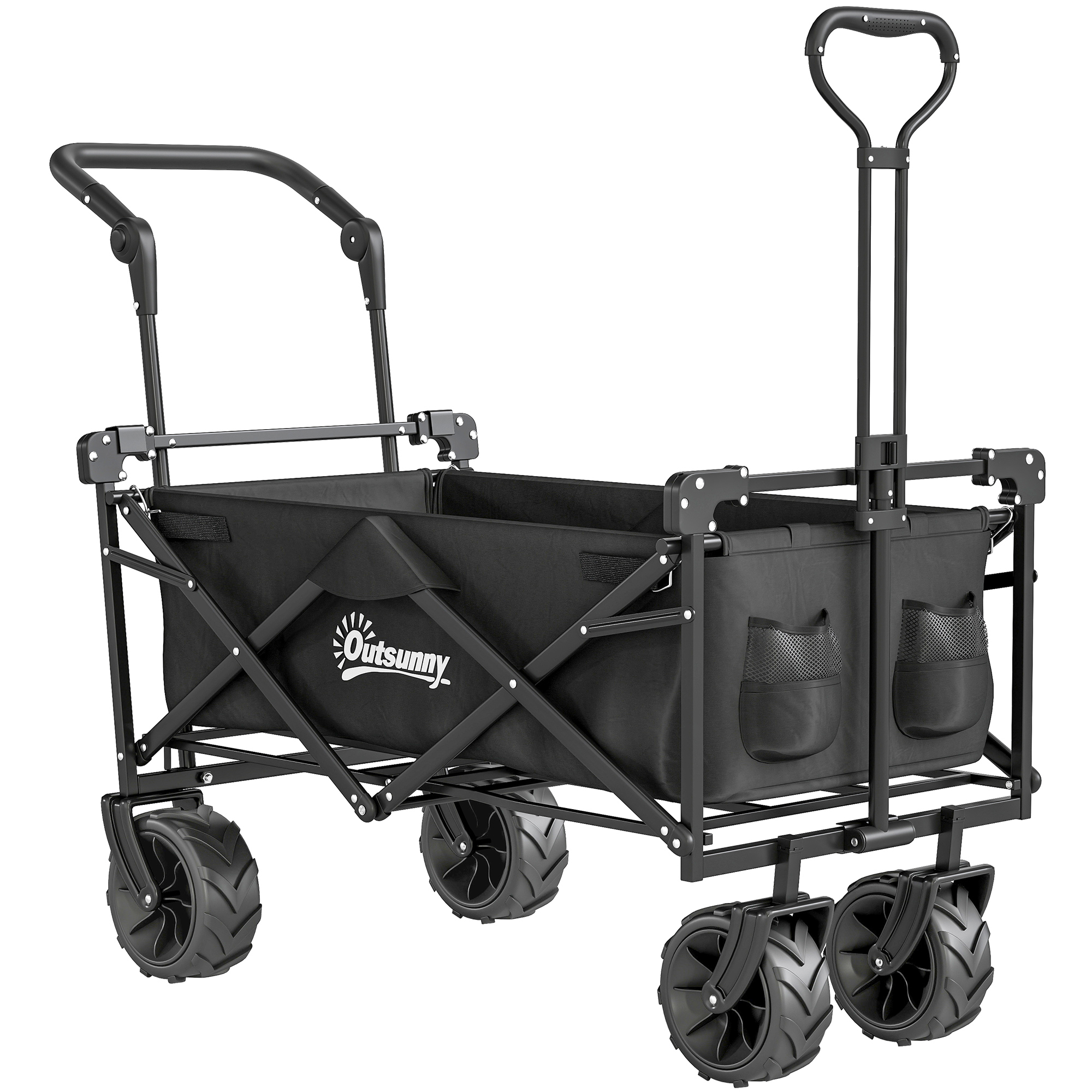 Folding Trolley Cart Storage Wagon Beach Trailer 4 Wheels with Handle Overhead Canopy Cart Push Pull for Camping, Black - Life Essentials