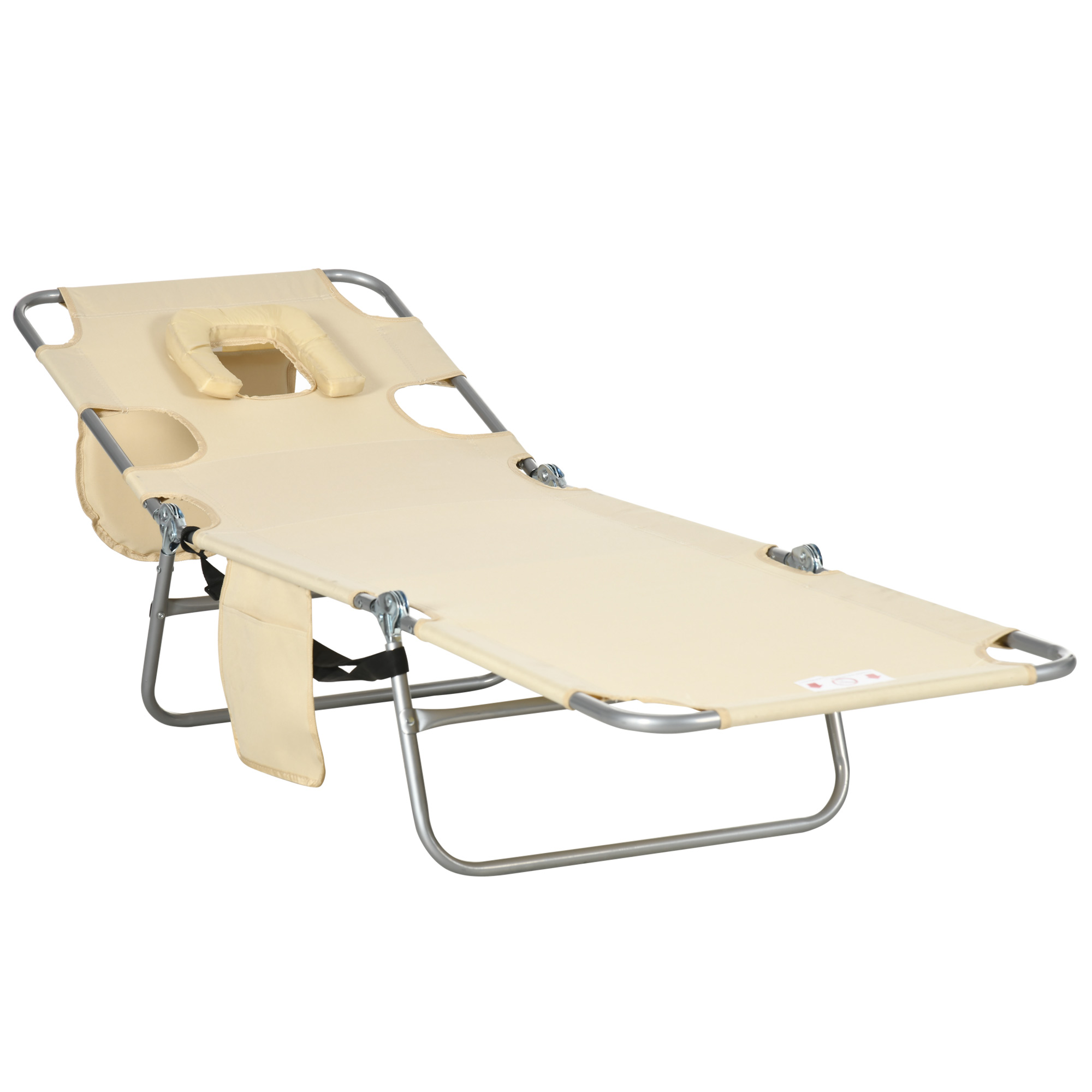 Foldable Sun Lounger, Beach Chaise Lounge with Reading Hole, Arm Slots, 5-Position Adjustable Backrest, Side Pocket, Pillow for Patio, Beige - Life 