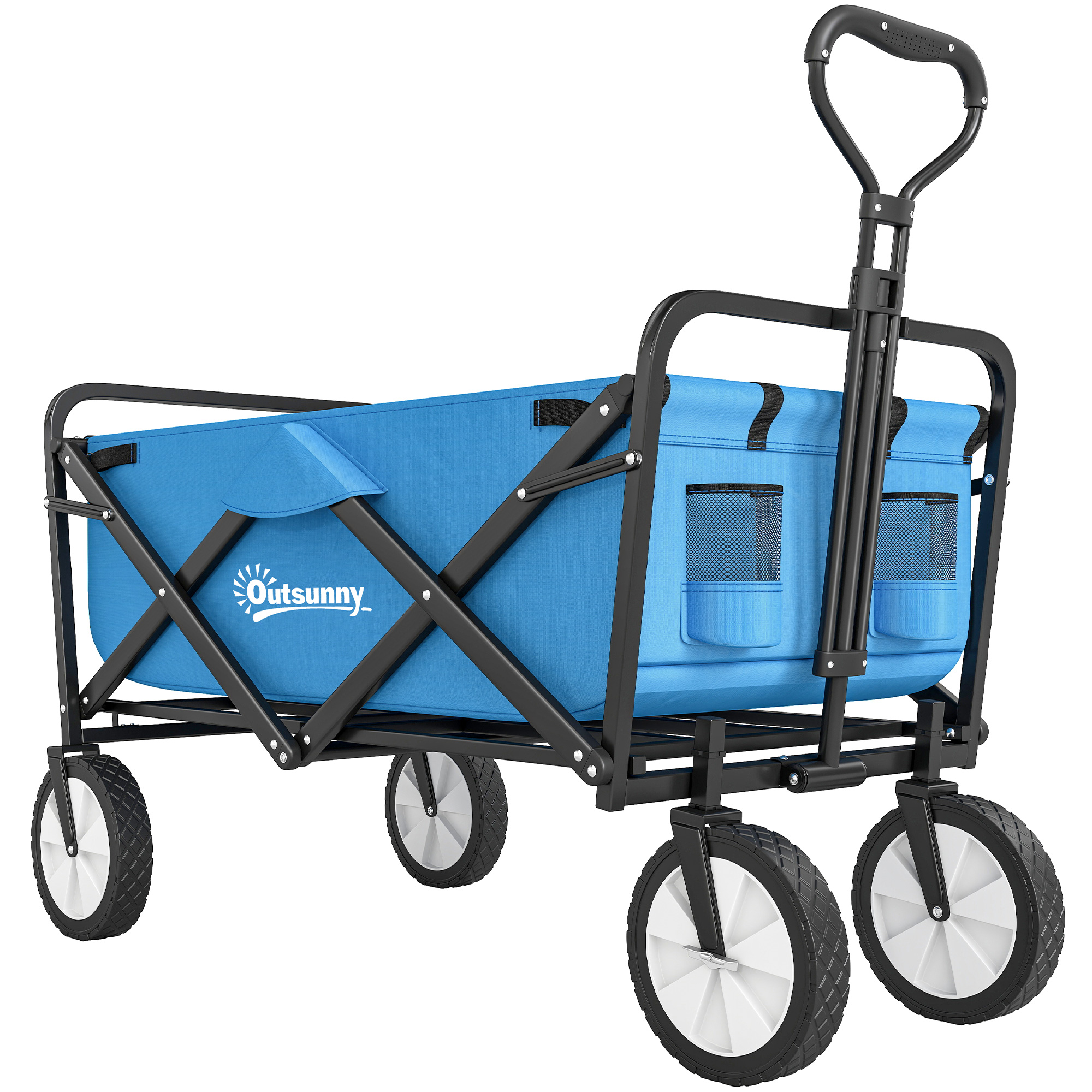 Pull Along Cart Folding Cargo Wagon Trailer Trolley for Beach Garden Use with Telescopic Handle - Blue - Life Essentials