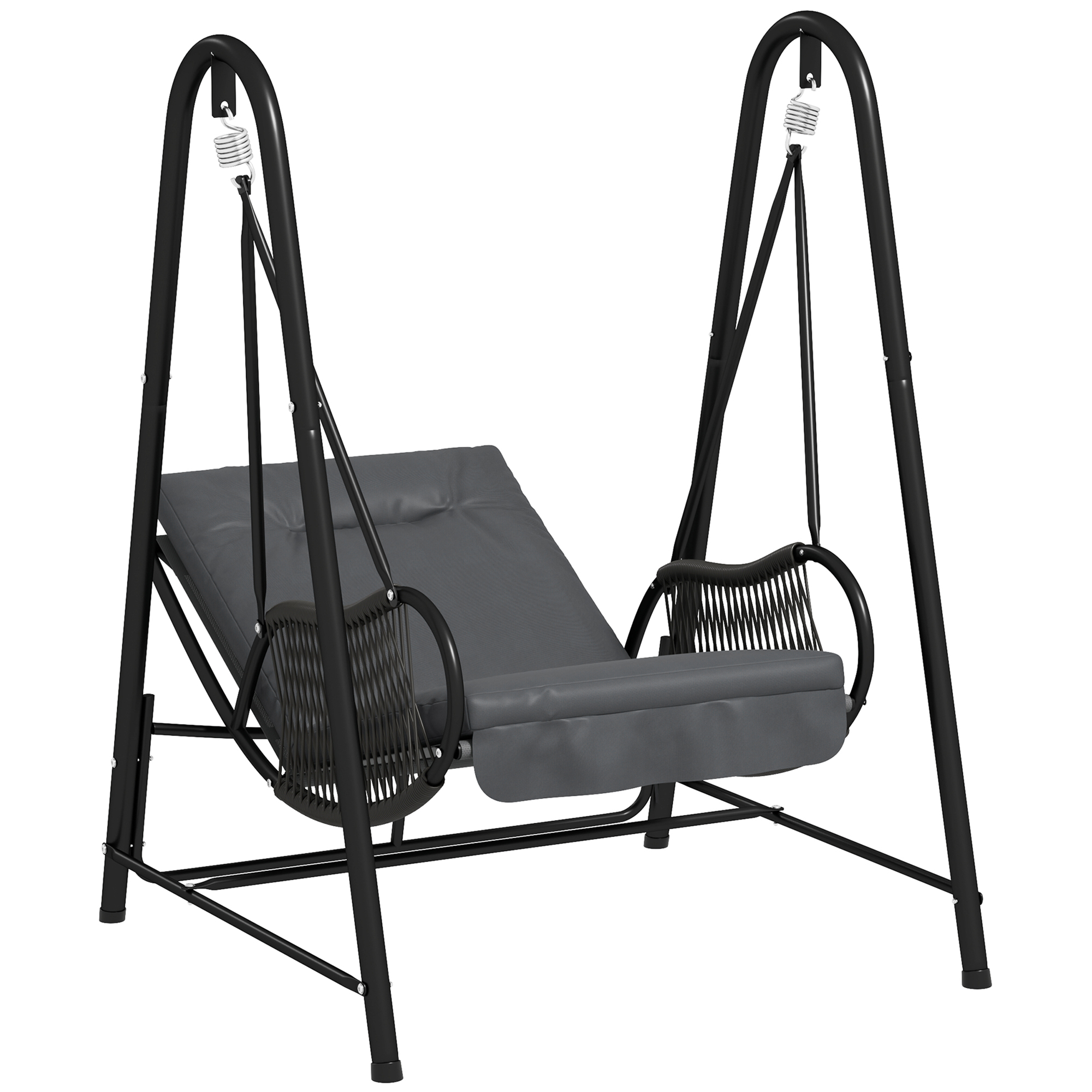 SUNVISTA Rattan Swing Chair, Outdoor Garden Hanging Swing Seat with Stand and Seat Cushion, Porch Hanging Chair for Balcony, Garden, Deck, Dark Grey -
