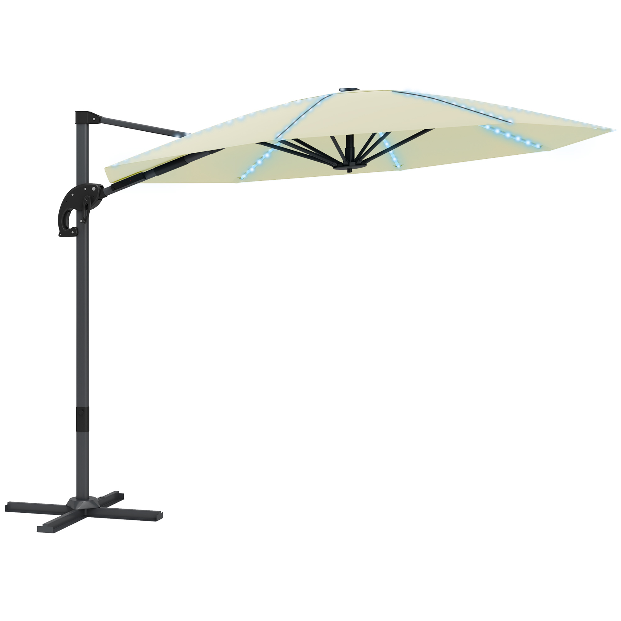 SUNVISTA 3(m) Cantilever Garden Parasol with Solar Powered Lights, Crank Handle & Cross Base, UPF 50+, 360degree Rotation, Cream - Life Essentials