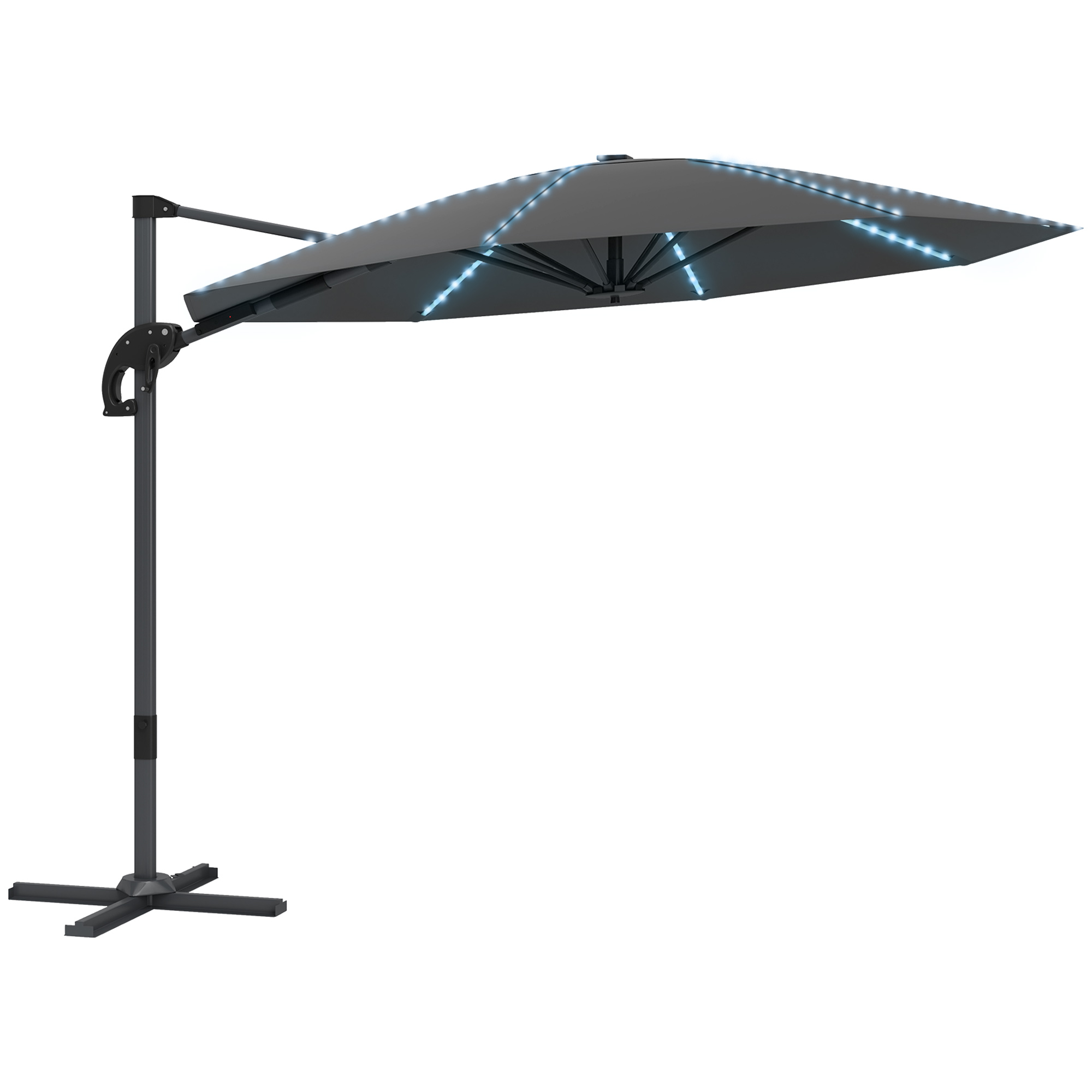 SUNVISTA 3(m) Cantilever Garden Parasol with Solar Powered Lights, Crank Handle & Cross Base, UPF 50+, 360degree Rotation, Dark Grey - Life Essentials