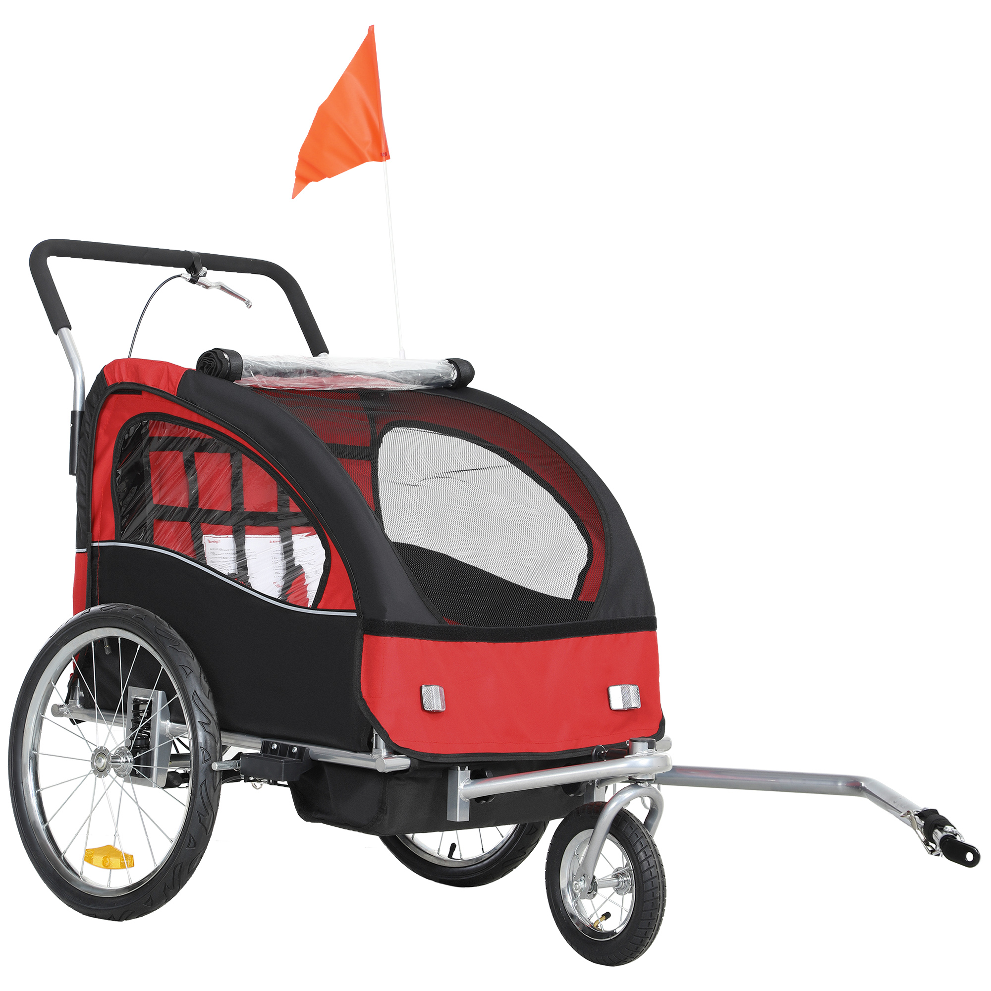 HERON 2 Seat Bike Trailer with 5 Point Harness, Baby Bike Stroller with Safety Flag, Reflectors, for 18+ Months, Red - Life Essentials