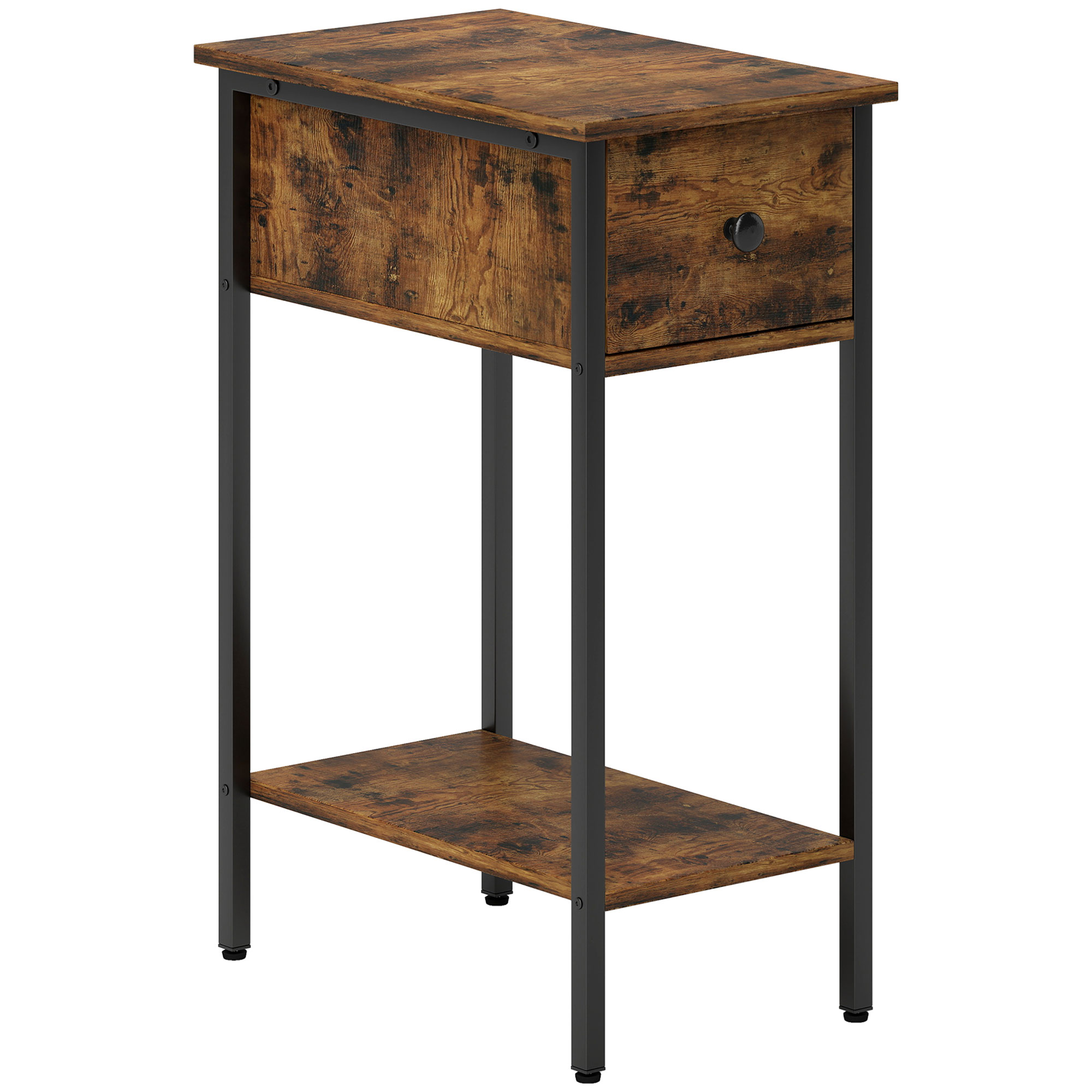 HERON Narrow Side Table with Drawer and Storage Shelf - Rustic Brown - Life Essentials