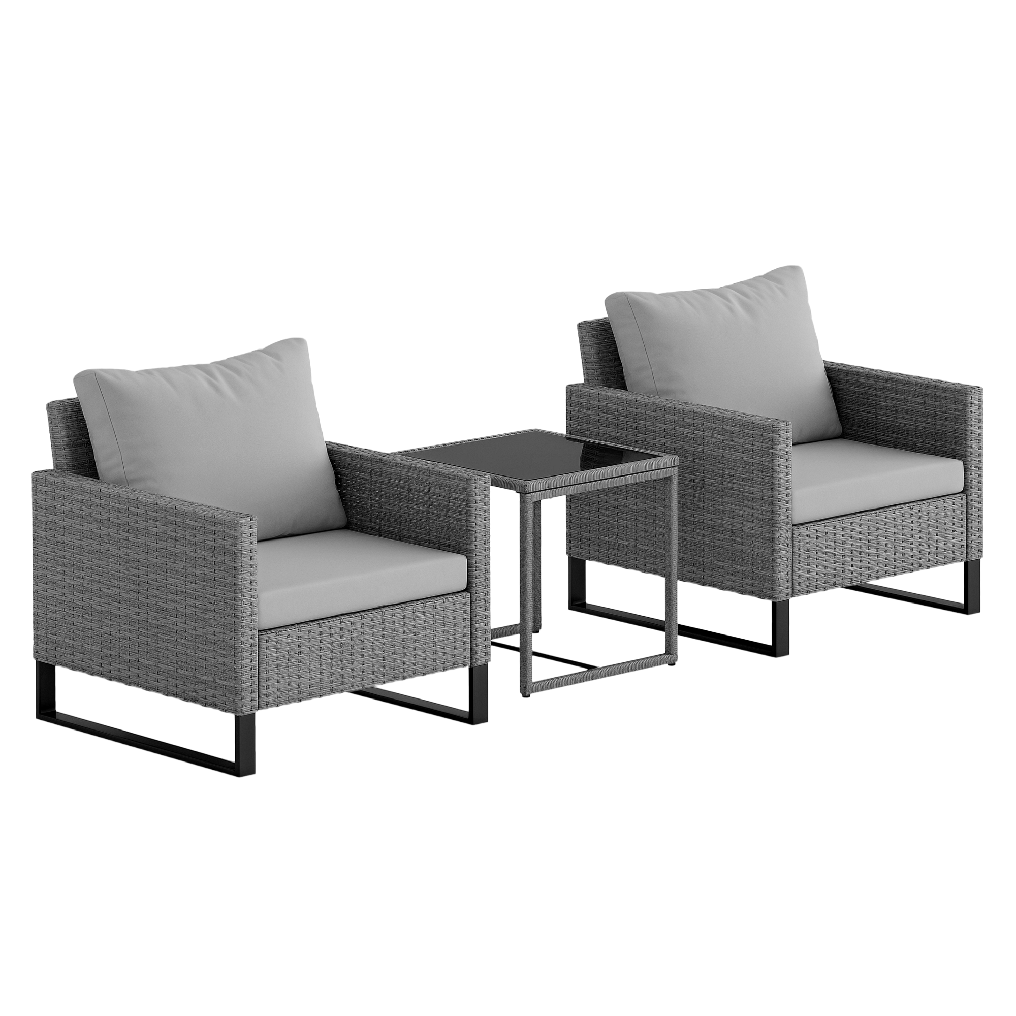 SUNVISTA 3-Piece Rattan Bistro Set with 4 Cushions, Glass Coffee Table & Wicker Chairs, Patio Furniture, Grey - Life Essentials