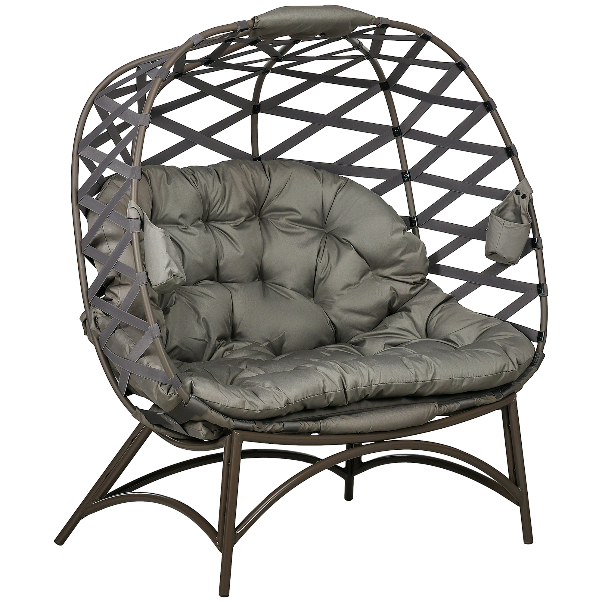 2 Seater Egg Chair Outdoor, Folding Weave Garden Furniture Chair with Cushion, Cup Pockets - Sand Brown - Life Essentials