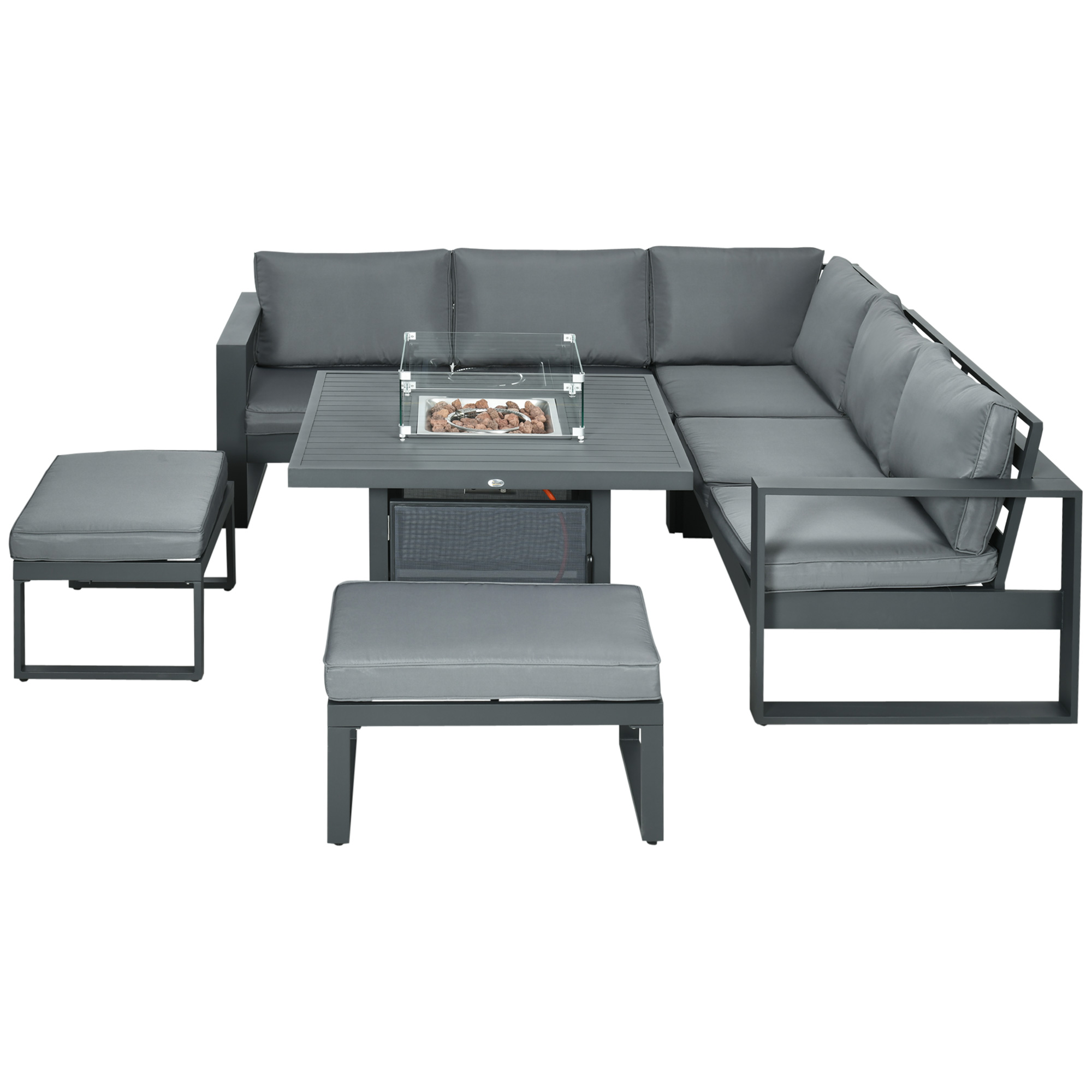6-Piece Aluminium Garden Furniture Set, Outdoor Conversational Corner Sofa Loveseat Footstool Sectional w/Gas Fire Pit Table for Yard Grey - Life 