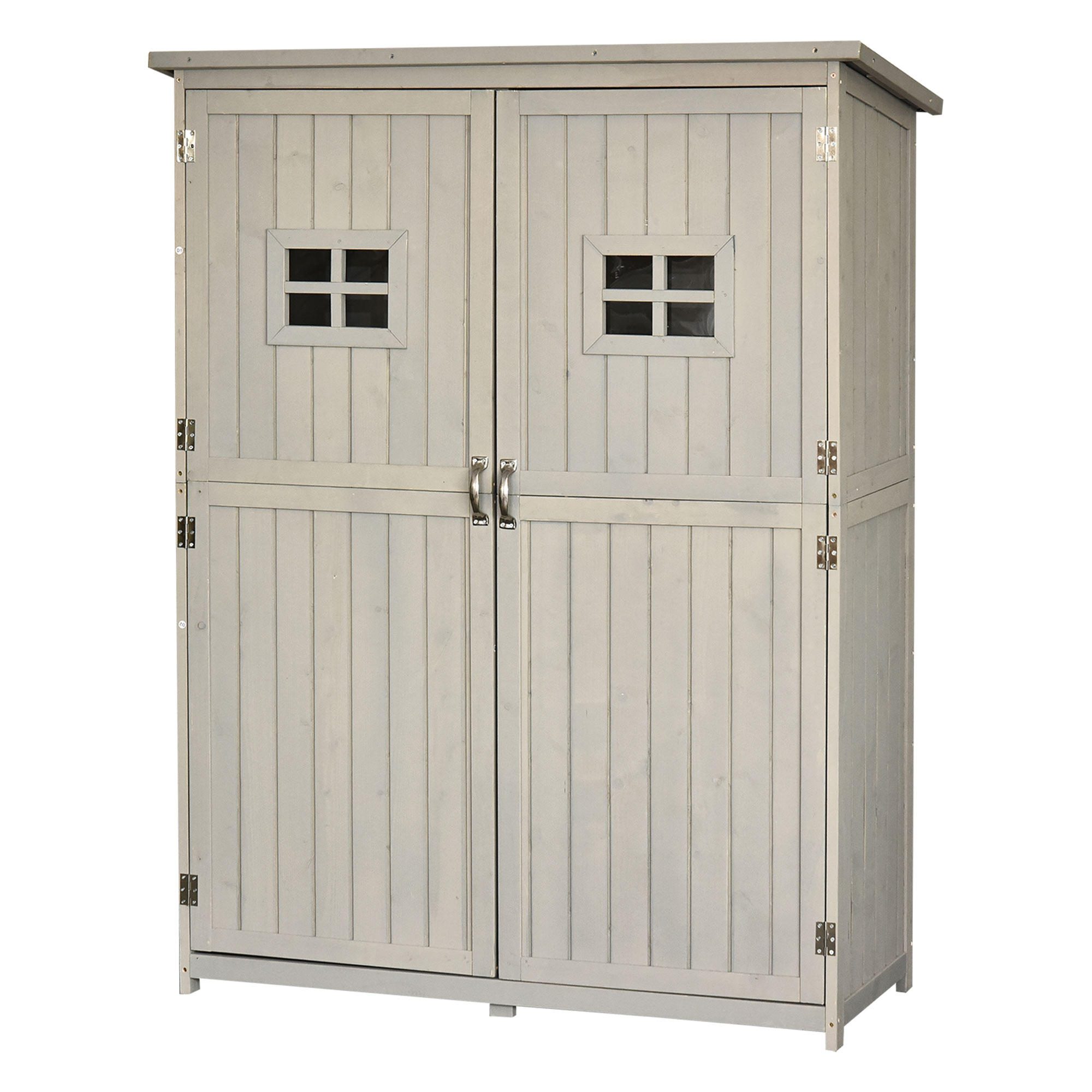 Wooden Garden Shed Tool Storage Wooden Garden Shed w/ Two Windows, Tool Storage Cabinet, 127.5L x 50W x 164H cm, Grey - Life Essentials