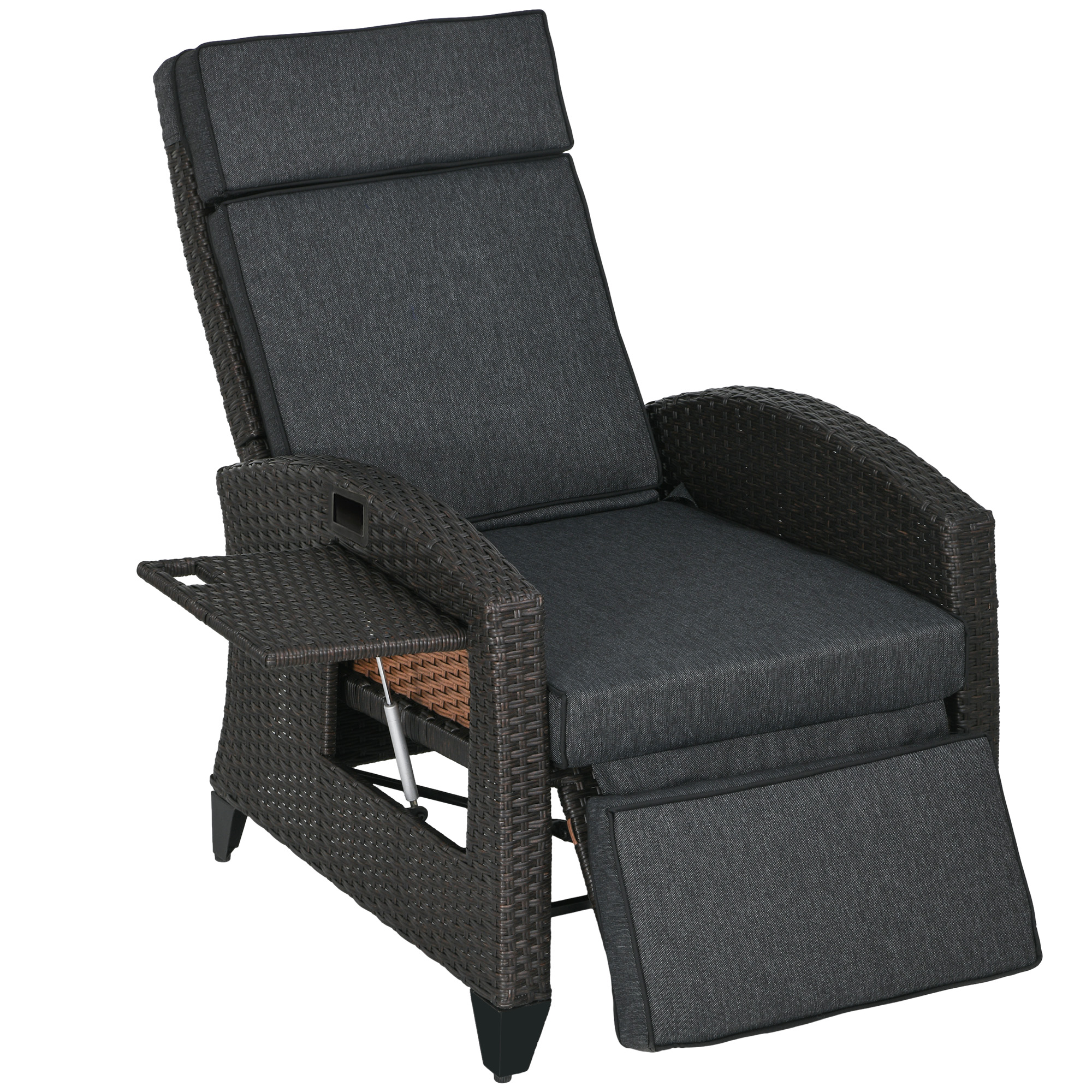 Outdoor Recliner Chair with Adjustable Backrest and Footrest, Cushion, Side Tray, Grey - Life Essentials